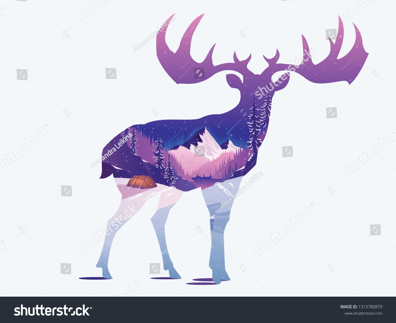 森の背景に鹿のシルエット 鹿 魚卵 森の孤立した輪郭 水彩イラスト デザイン 動物のポートレート 野生生物 のイラスト素材 Shutterstock