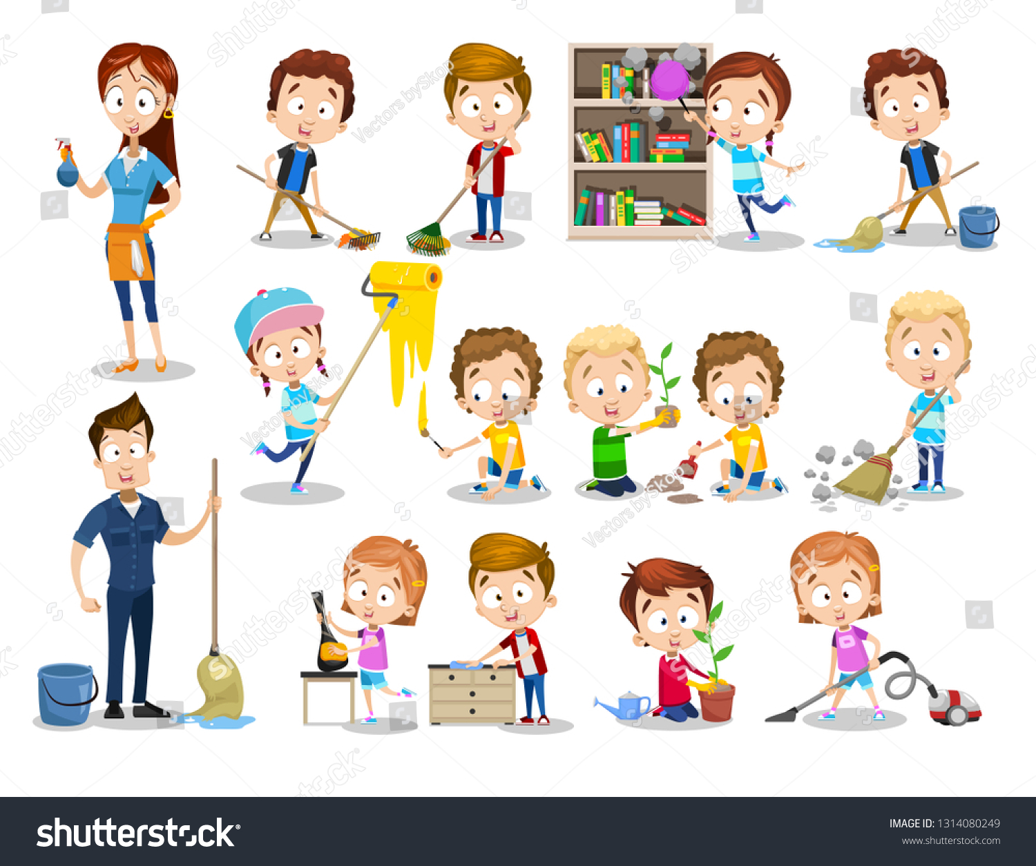 Cartoon Parents Children Cleaning Home Vector Stock Vector (Royalty ...