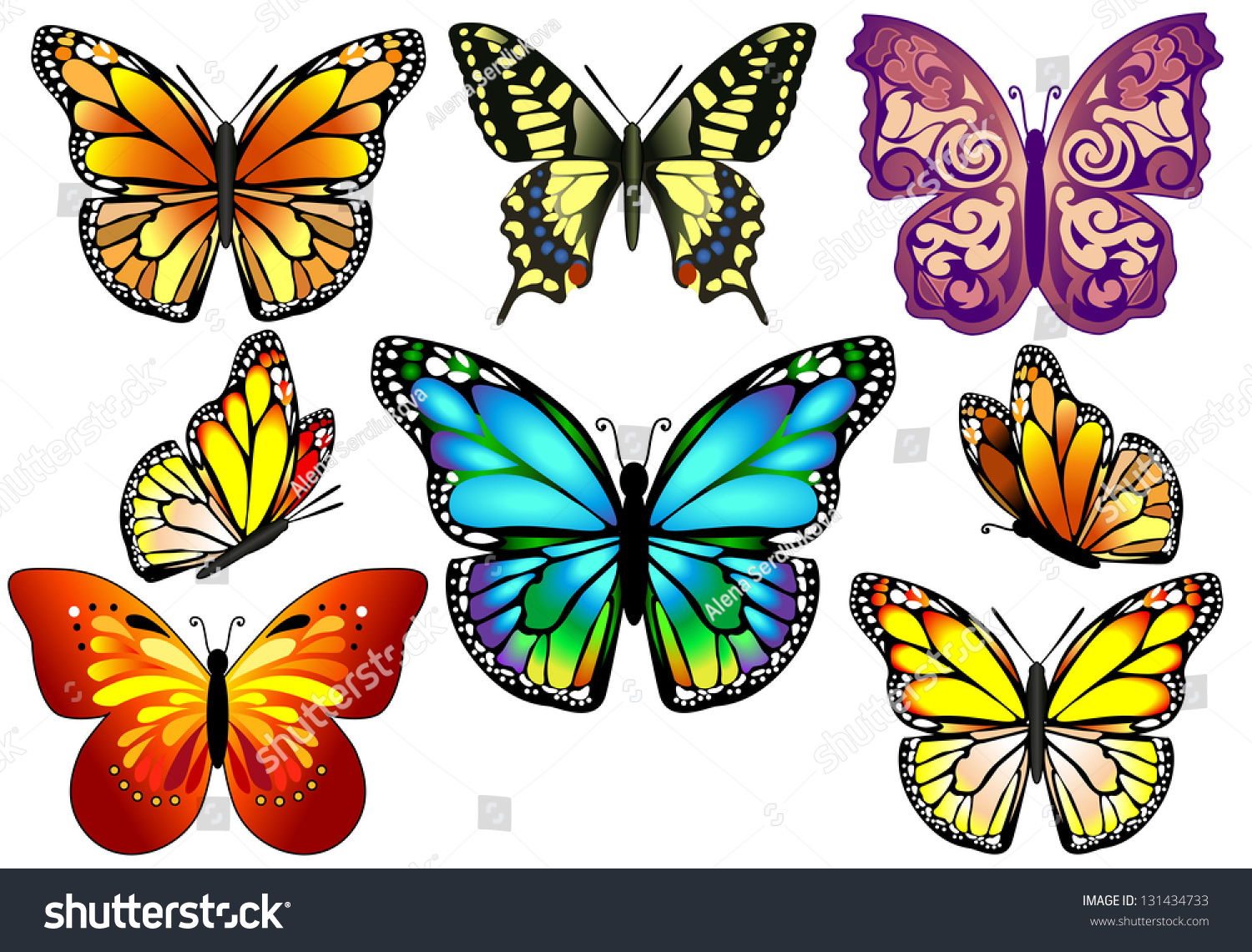 Бабочки с боку для вырезания цветные