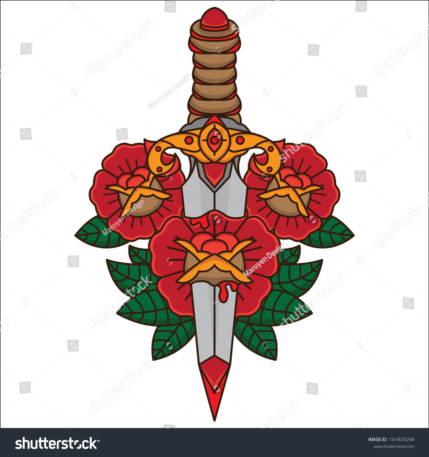 Traditional Dagger Flower Tattoo Vector Eps Stock Vector (Royalty Free ...