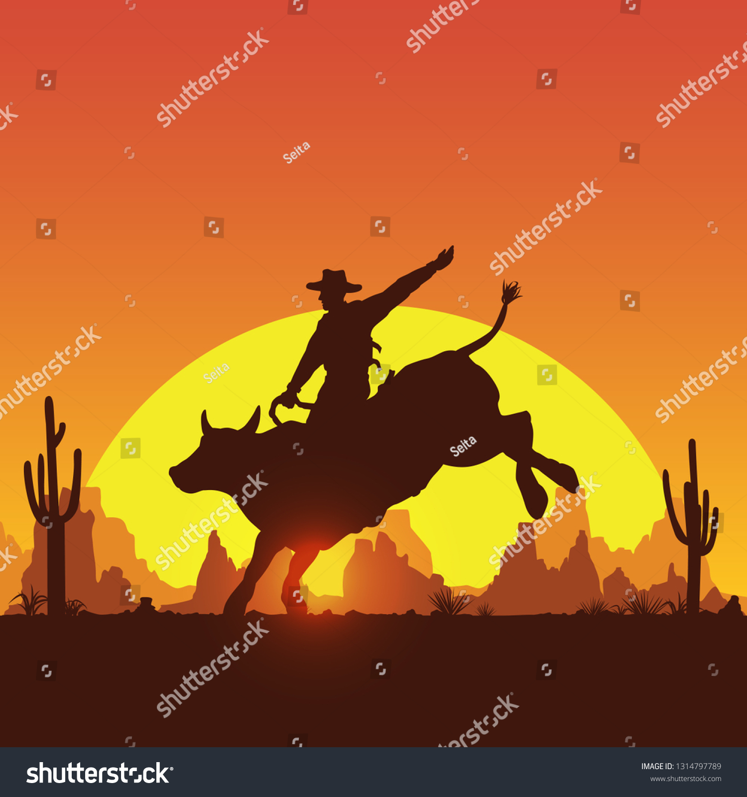 Rodeo Cowboy Riding Bull Sunset Vector Stock Vector (Royalty Free ...