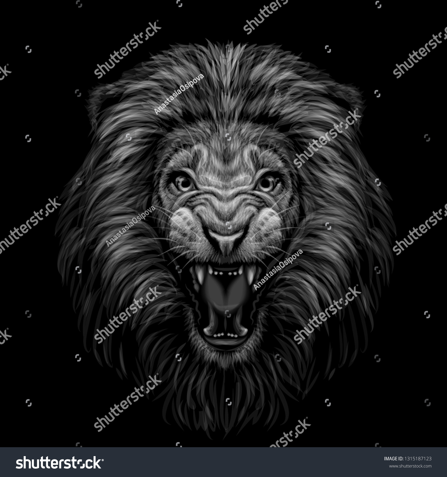 Monochrome Portrait Growling Lion On Black Stock Vector (Royalty Free