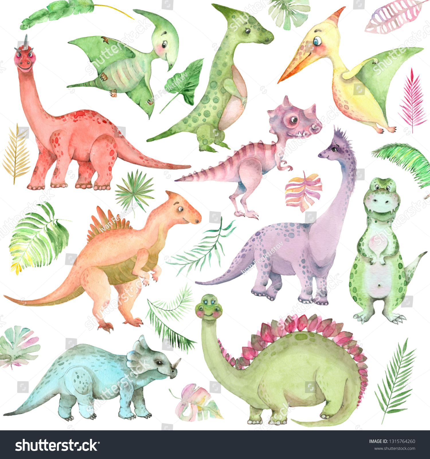 Set Cartoon Watercolor Dinosaurs Cute Hand Stock Illustration ...