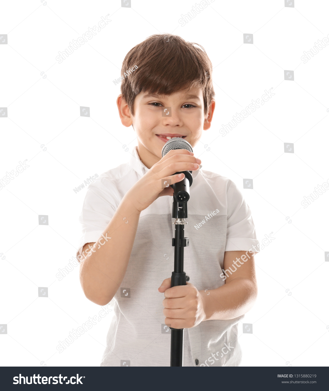 Cute Little Boy Singing Into Microphone Stock Photo 1315880219 ...