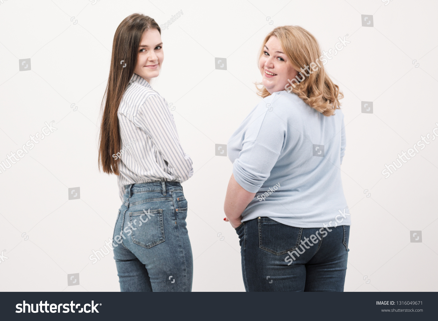 Two Girls Fat Slender Show Backs Stock