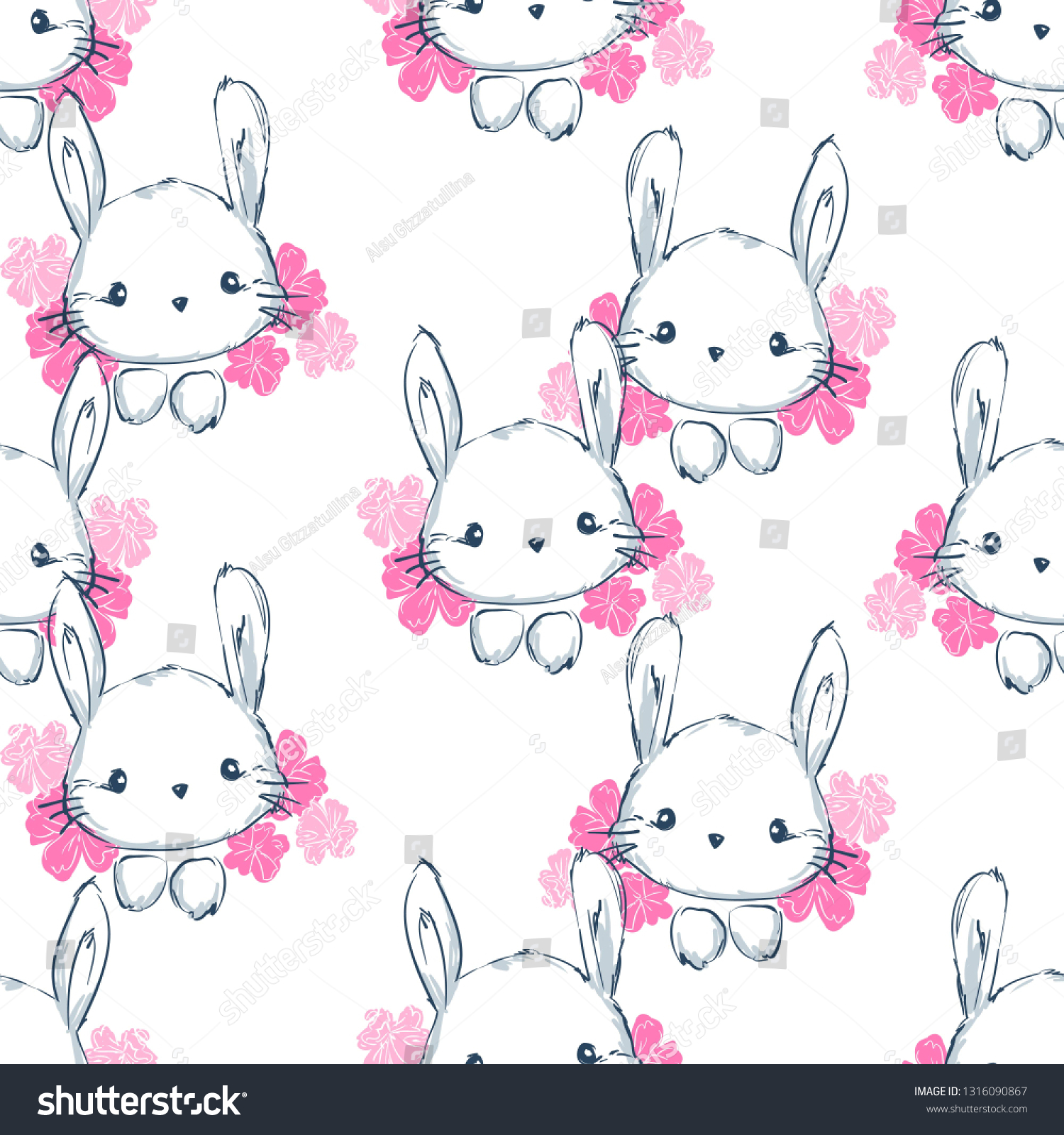 Hand Drawn Cute Bunny Flowers Pattern Stock Vector (Royalty Free ...