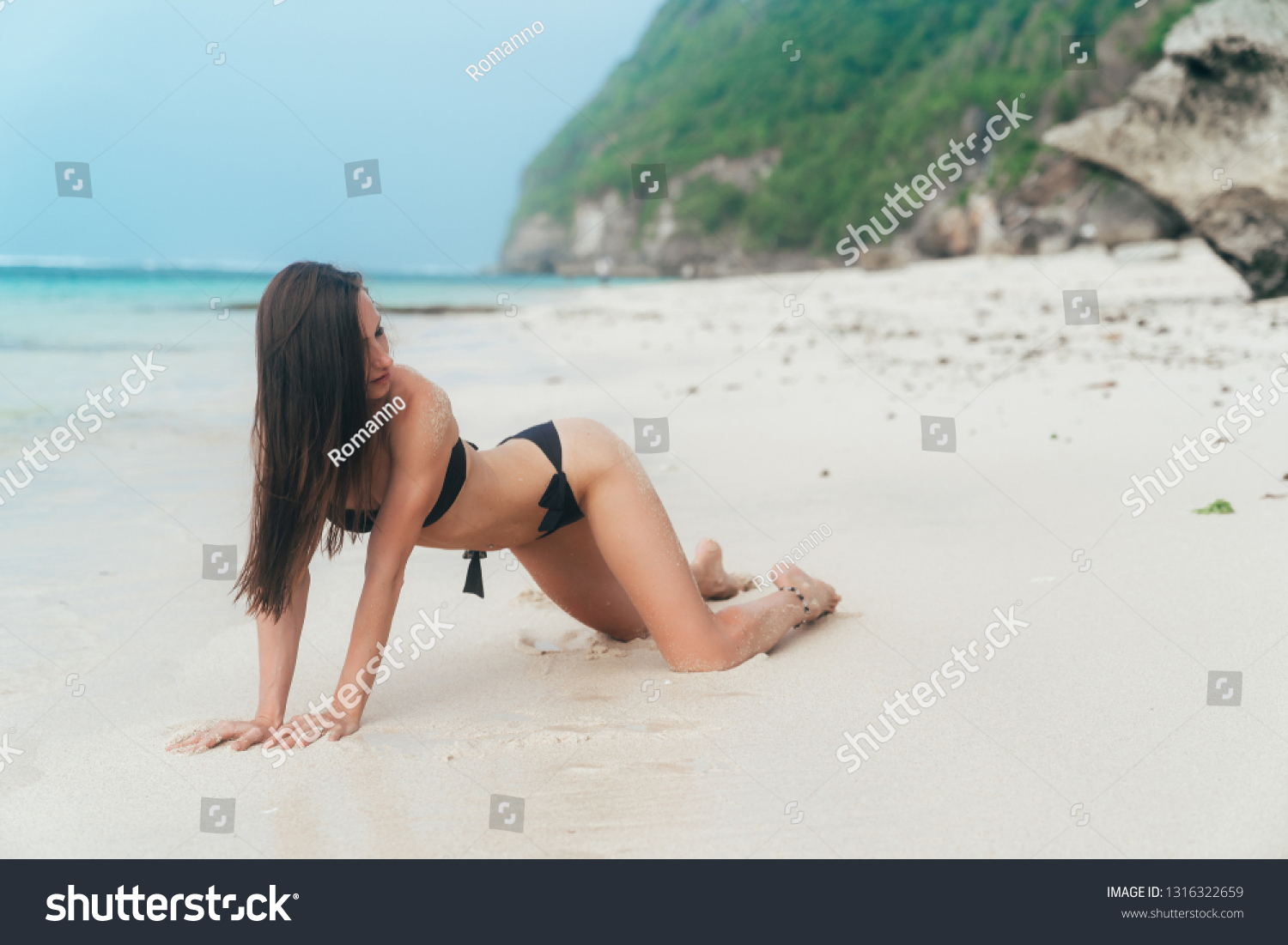 Sexy Tanned Girl Black Swimsuit Posing Stock Photo