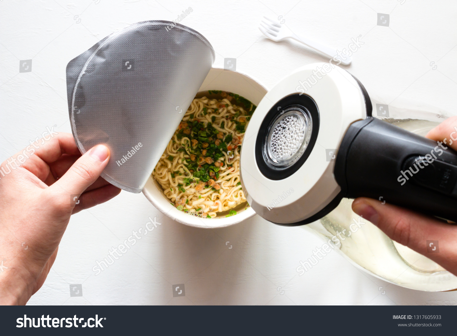 Man Pouring Boiling Water On Instant Stock Photo 1317605933 Shutterstock