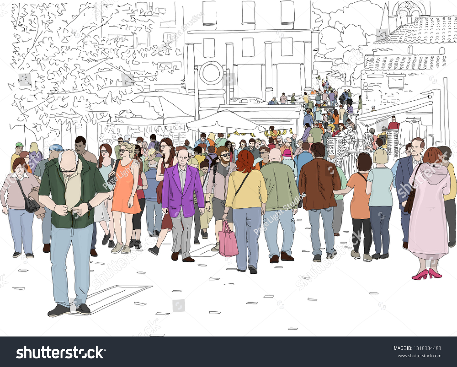 Hand Drawn Illustration Crowd People Walk Stock Illustration 1318334483 ...