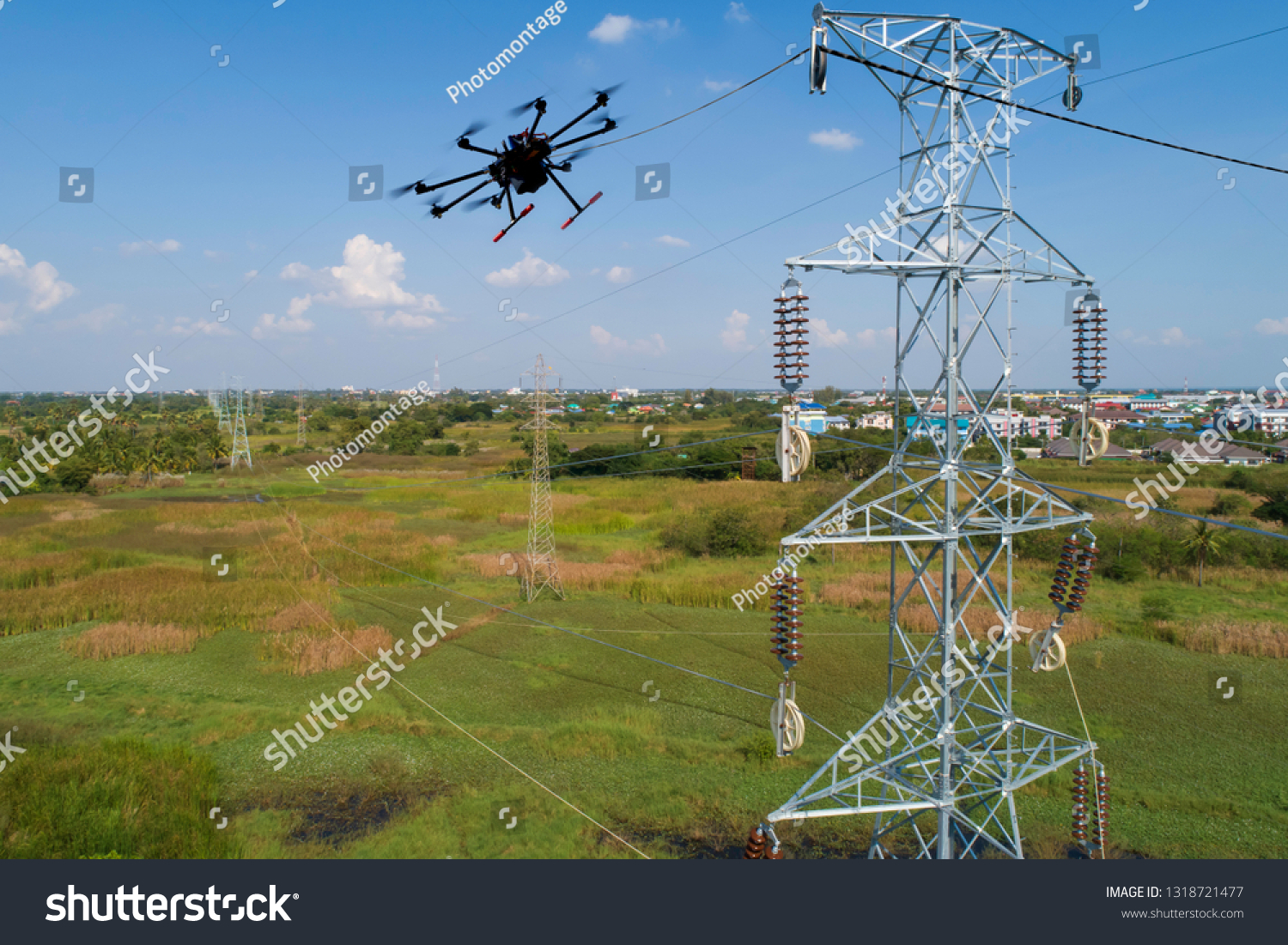 Drone Stringing Transmission Lines Installation Electrical Stock Photo
