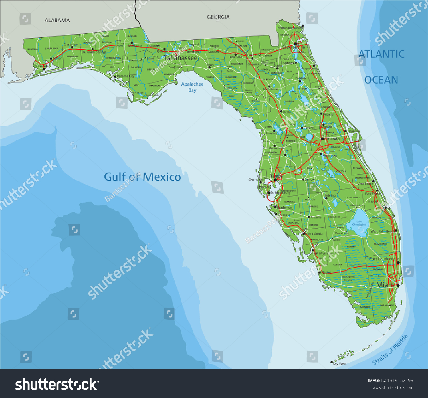 High Detailed Florida Physical Map Labeling Stock Vector (Royalty Free ...