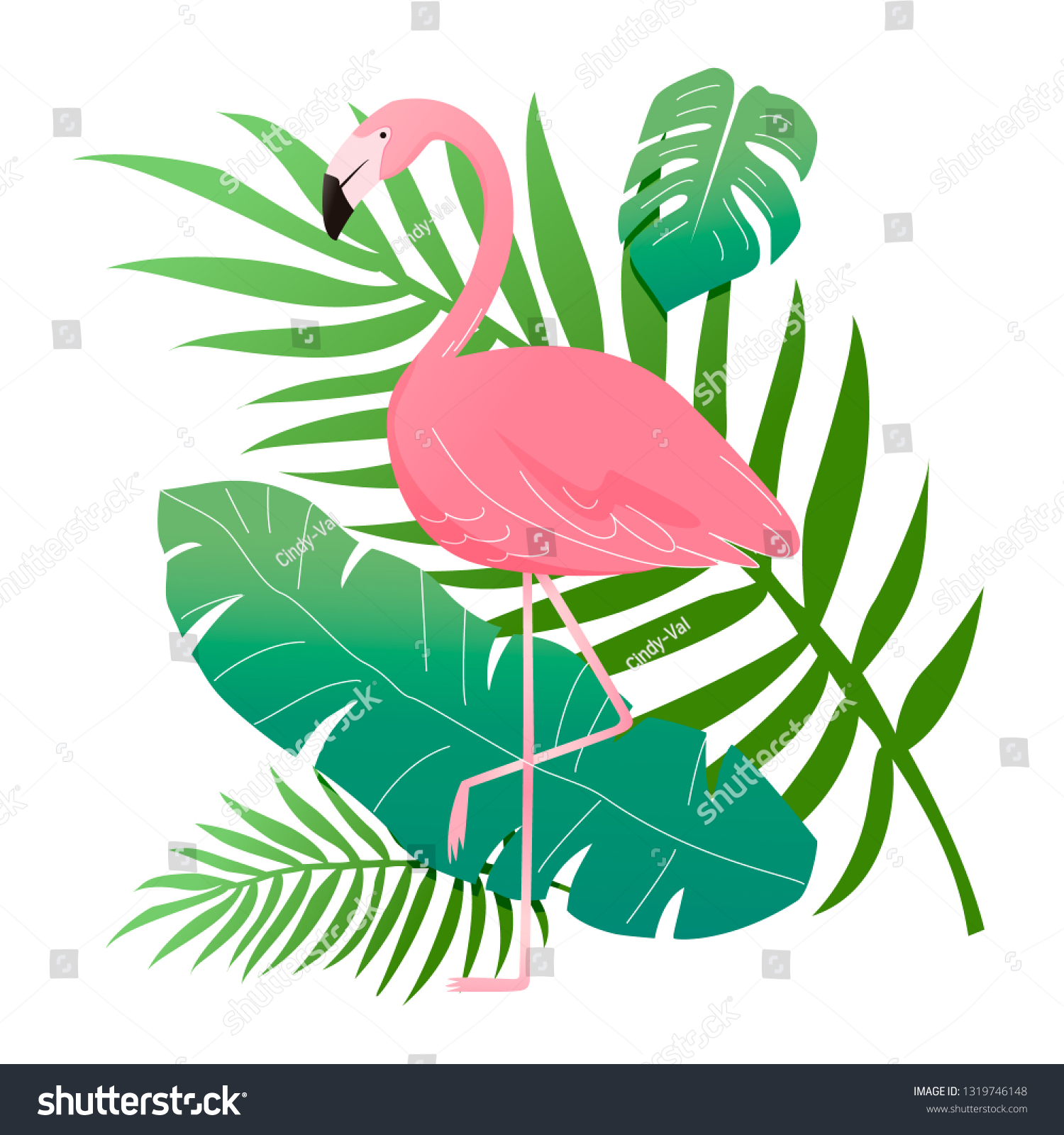 Pink Flamingo Different Tropical Leaves Vector Stock Vector Royalty Free Shutterstock