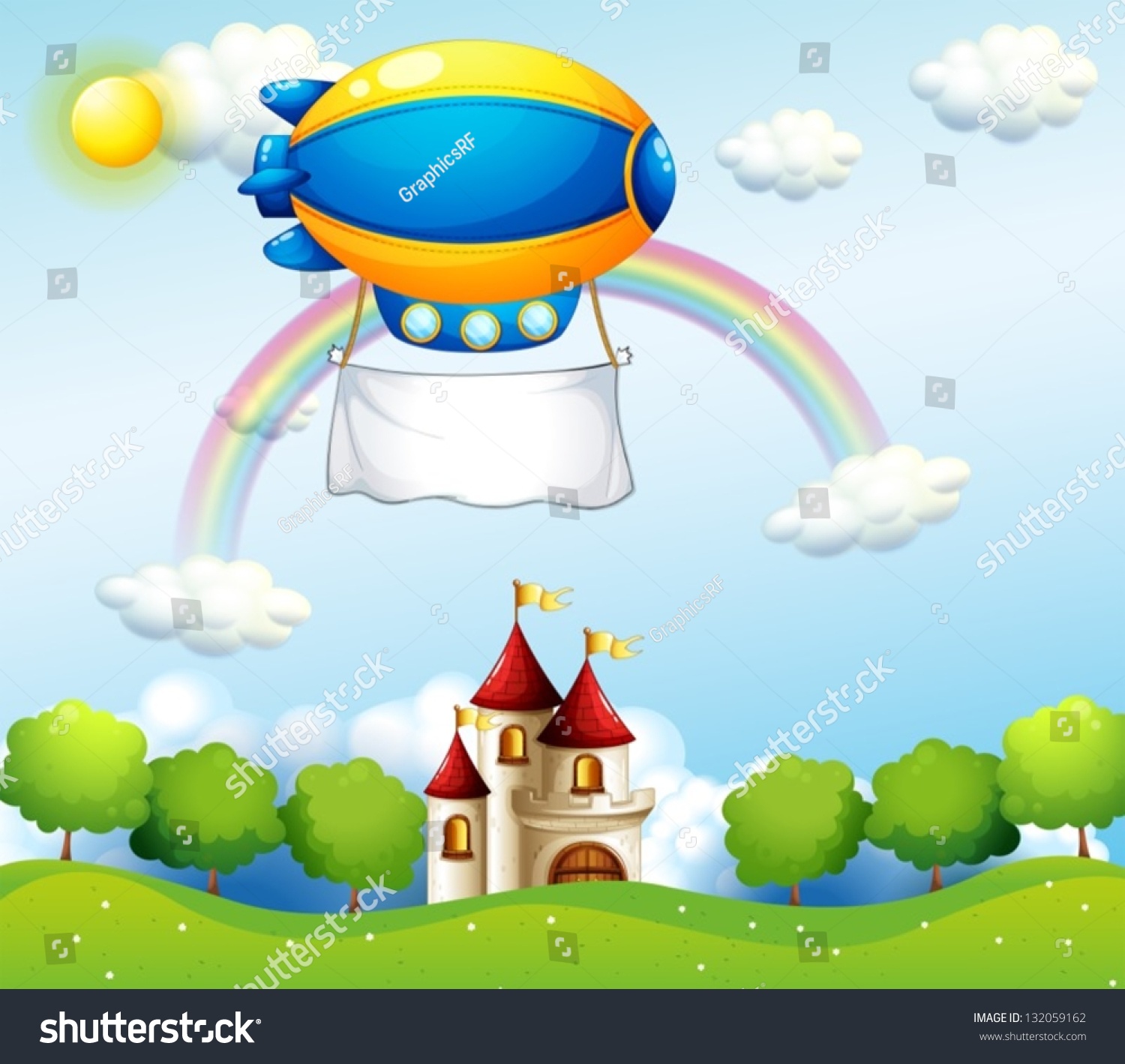 Illustration Airship Empty Banner Above Castle Stock Vector (Royalty ...