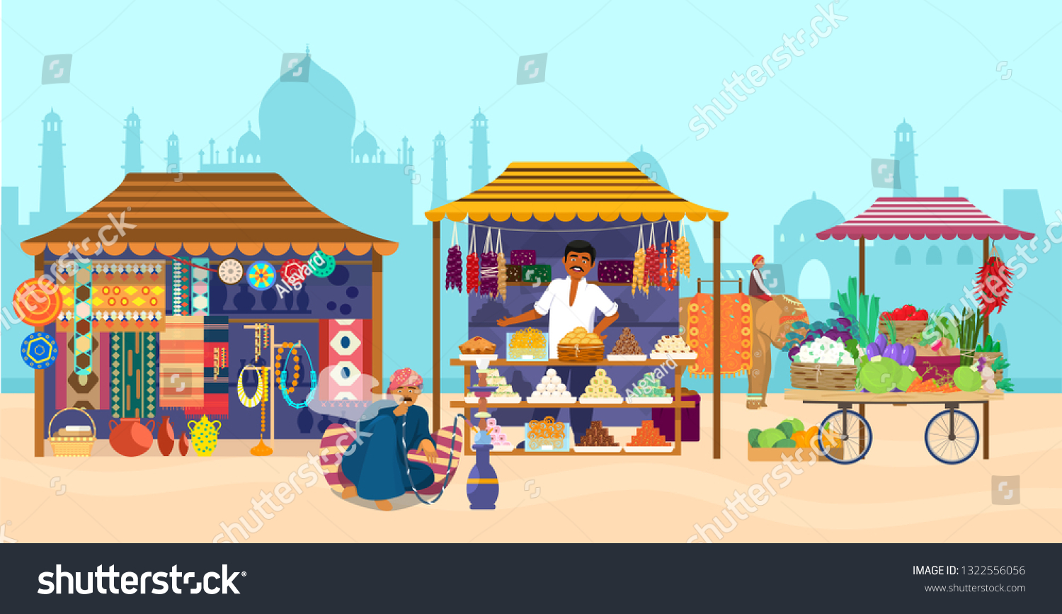 Vector Illustration Asian Market Different Shops Stock Vector (Royalty ...