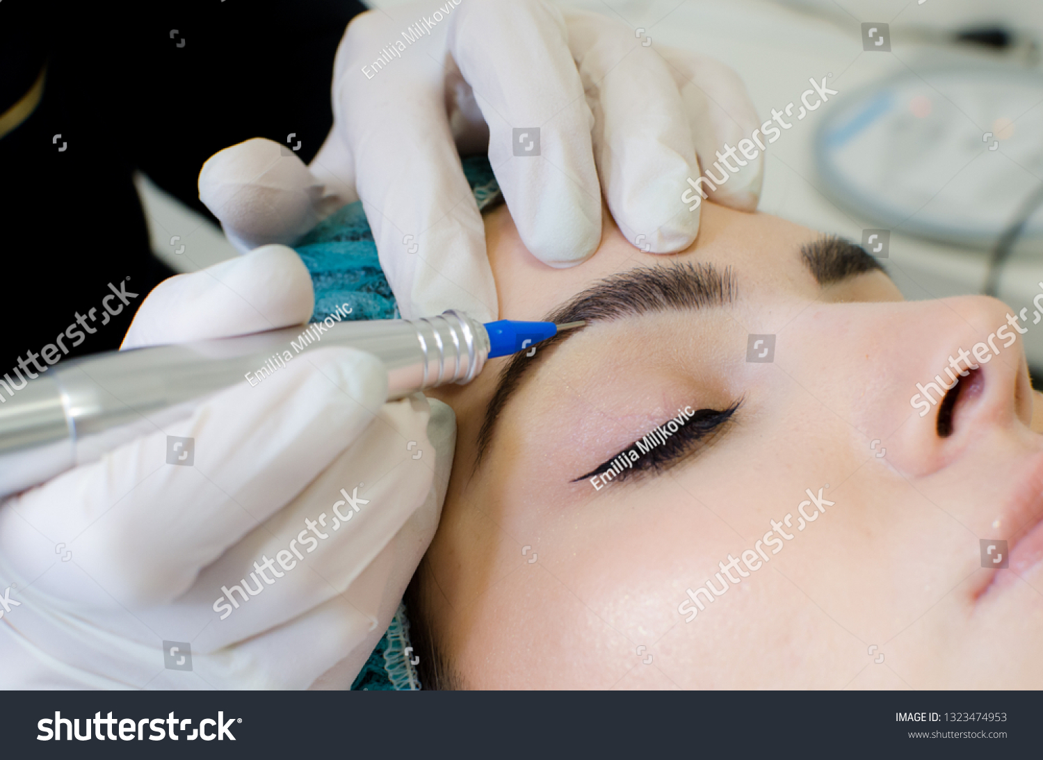 Permanent Makeup Tattoo Beautician Making Permanent Stock Photo   Stock Photo Permanent Make Up Tattoo Beautician Making Permanent Make Up On Eyebrows Tattoo Procedure On 1323474953 