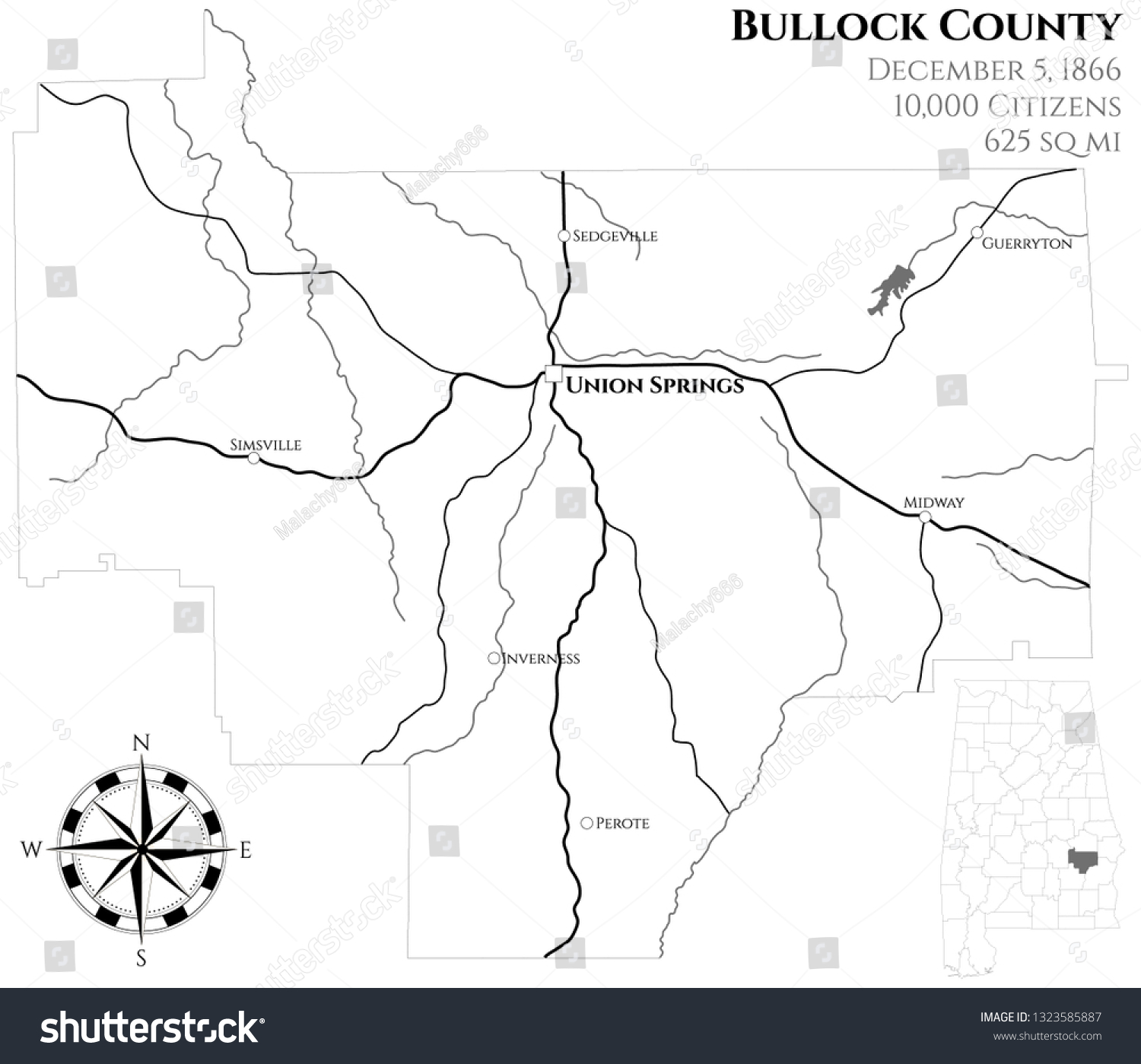 Vektor Stok Large Detailed Map Bullock County Alabama Tanpa Royalti 1323585887 Shutterstock 8392