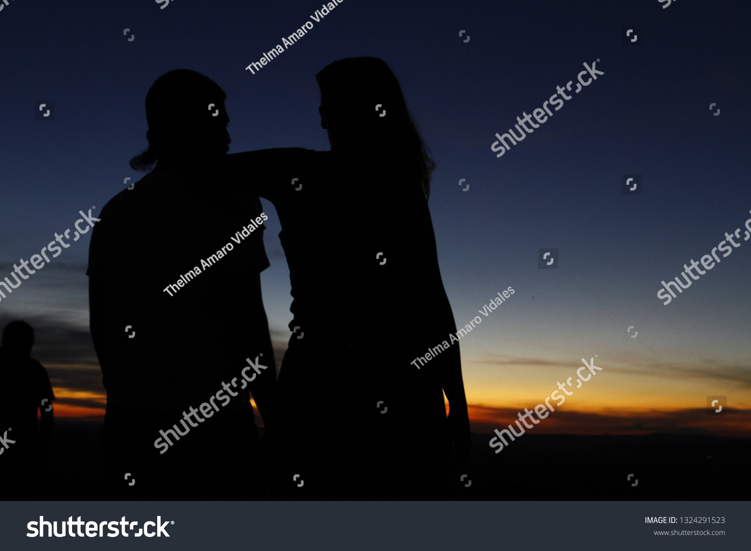 Silhouettes People Talking Outdoors Sunset Background Stock Photo ...