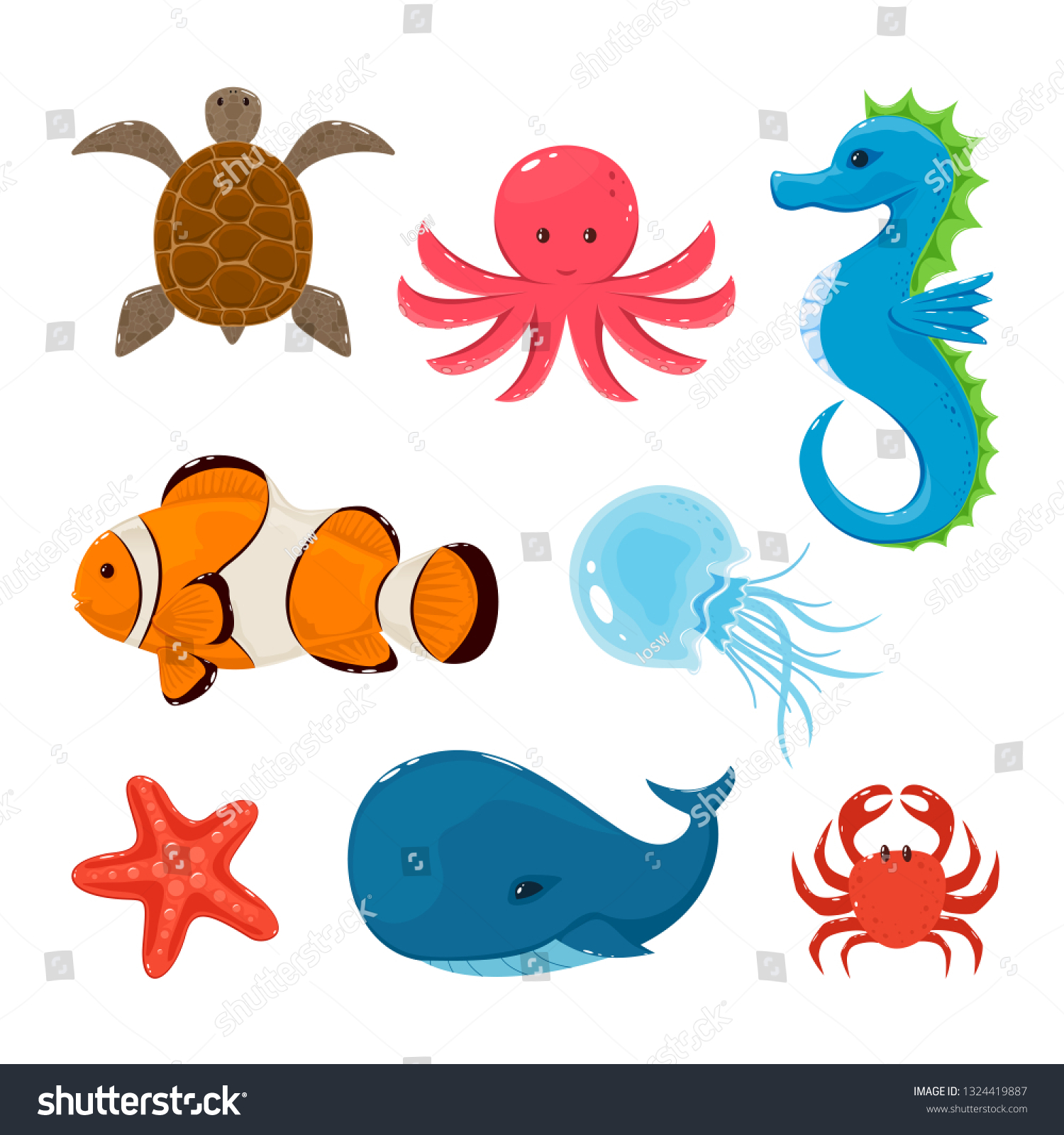 Icon Turtle Octopus Seahorse Clownfish Starfish Stock Vector (Royalty ...