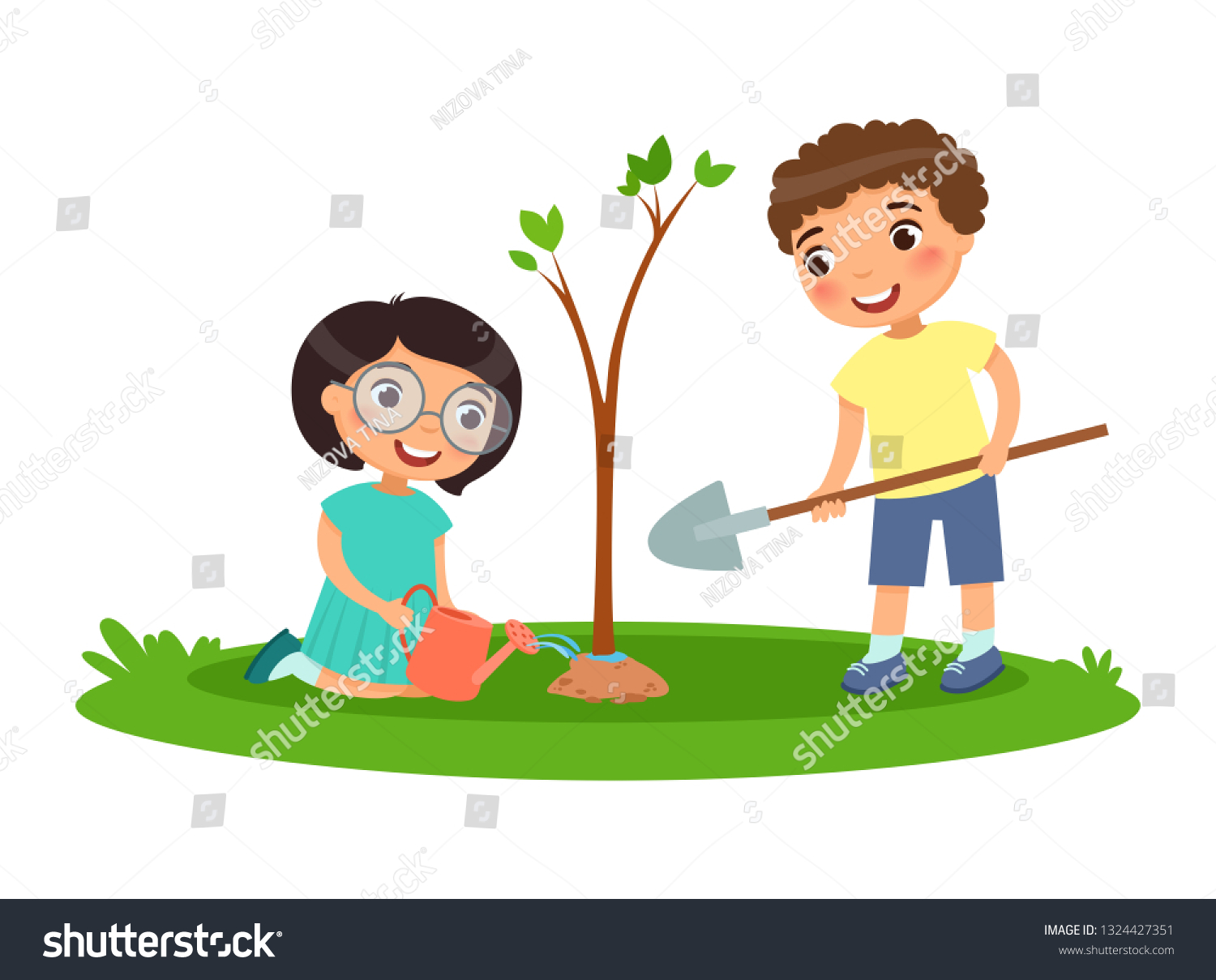 Девочка и мальчик поливают дерево