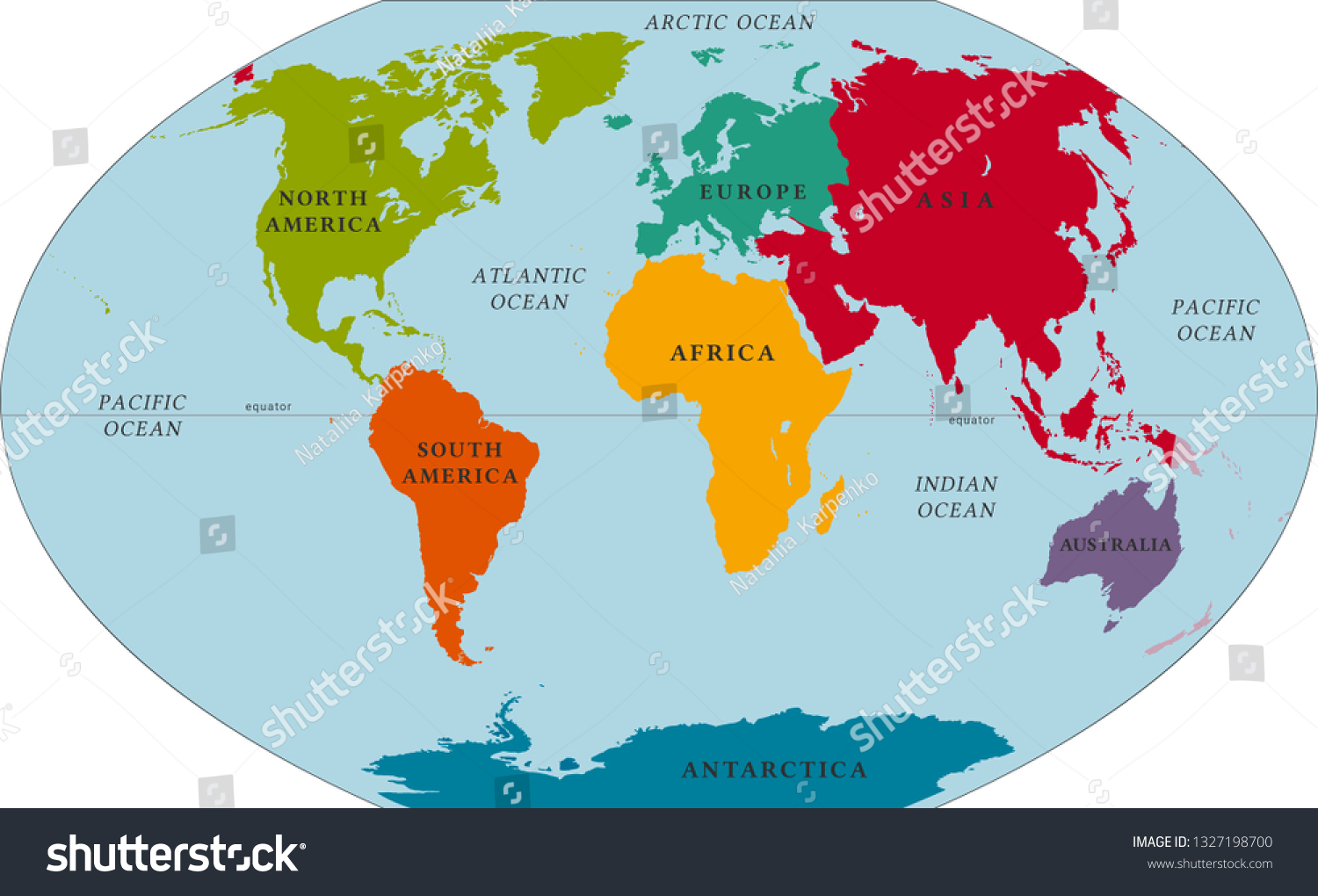 The World Map with names of Continents. Oceans names. How many Oceans are there in the World. Океаны имена вектор.