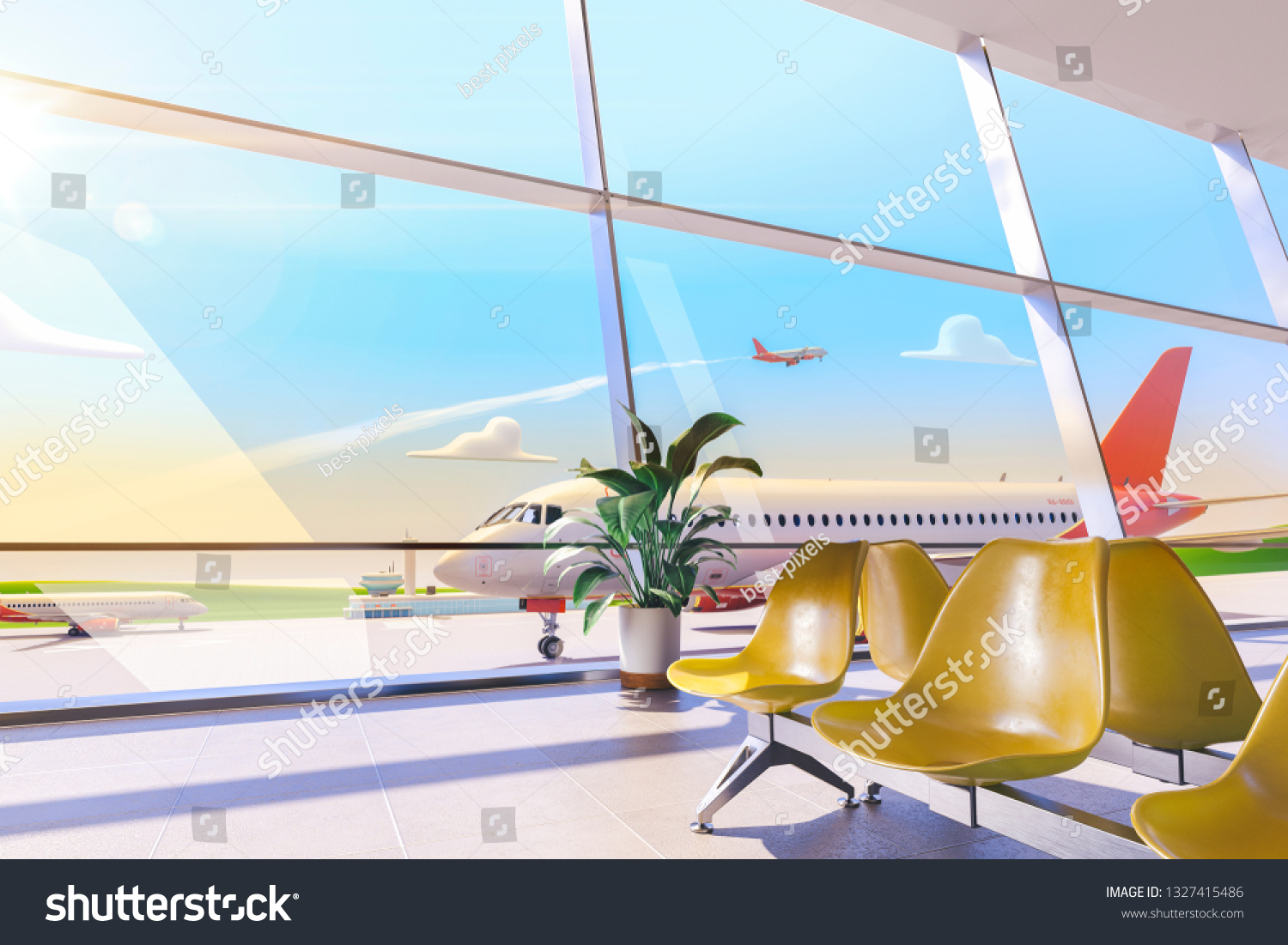 3d Illustration Cartoon Airport Terminal Lounge Stock Illustration ...