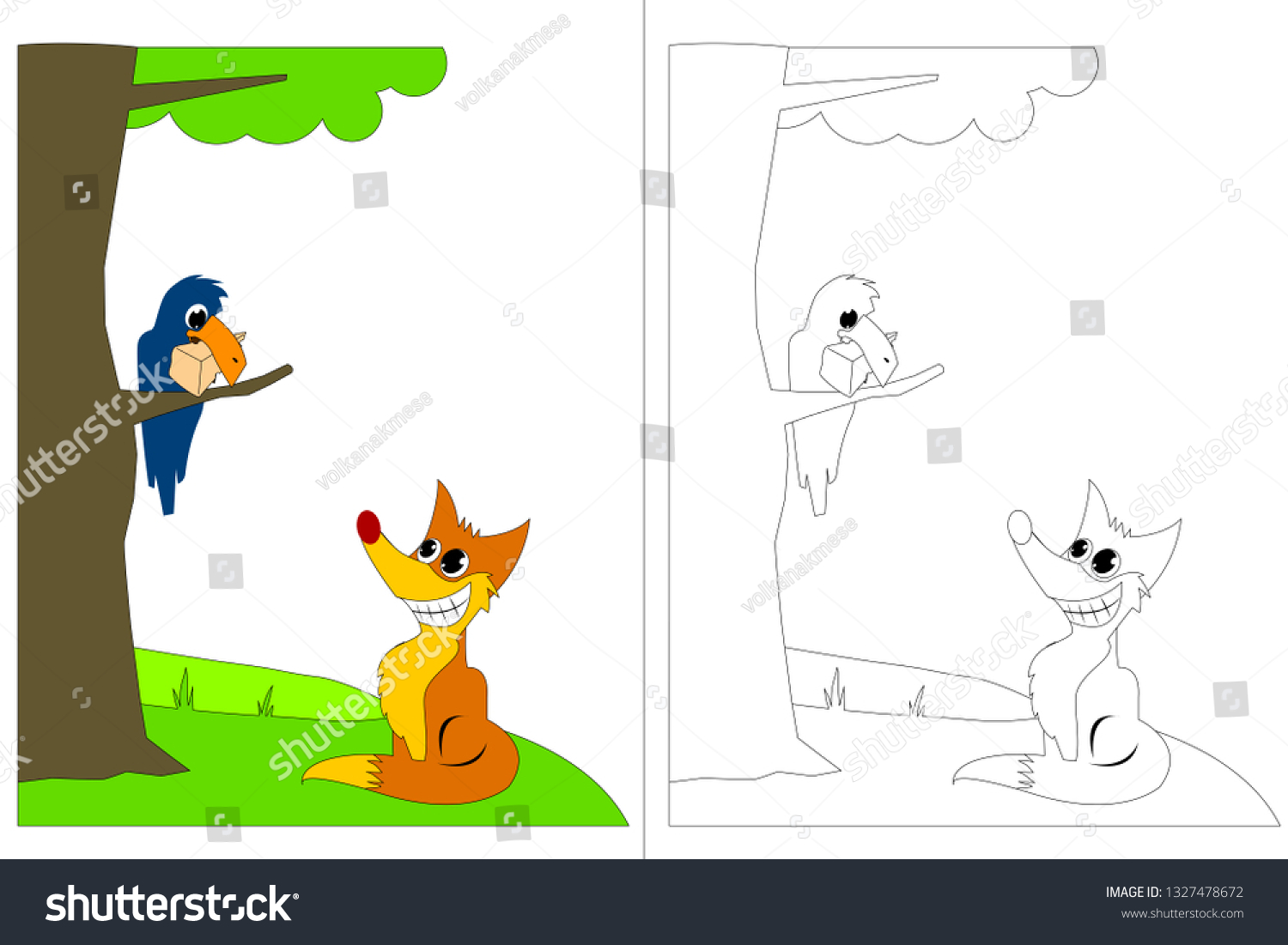 Карточка ворона и лисица раскраска