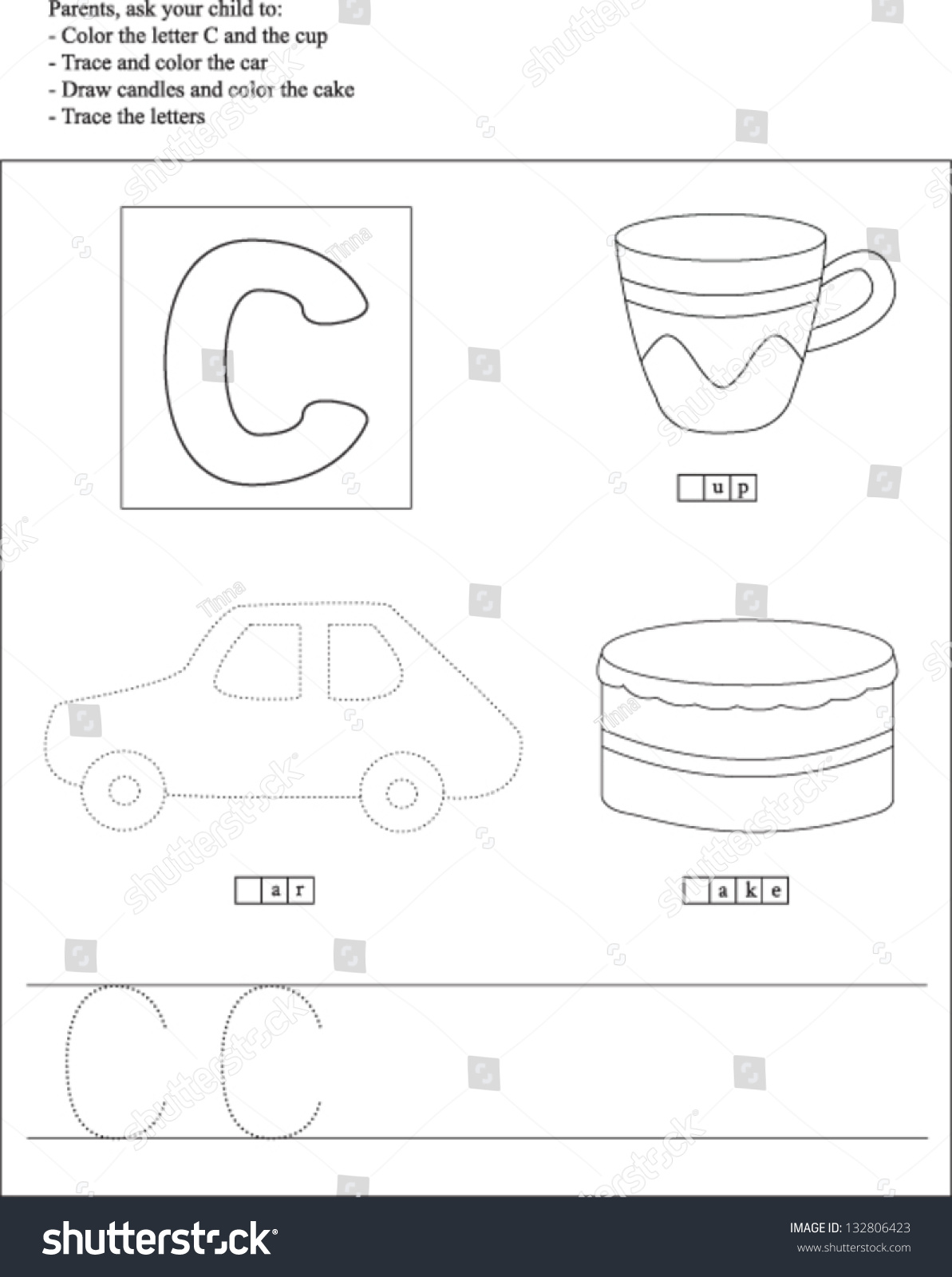 trace color letter c worksheet preschoolers stock vector royalty free 132806423 shutterstock