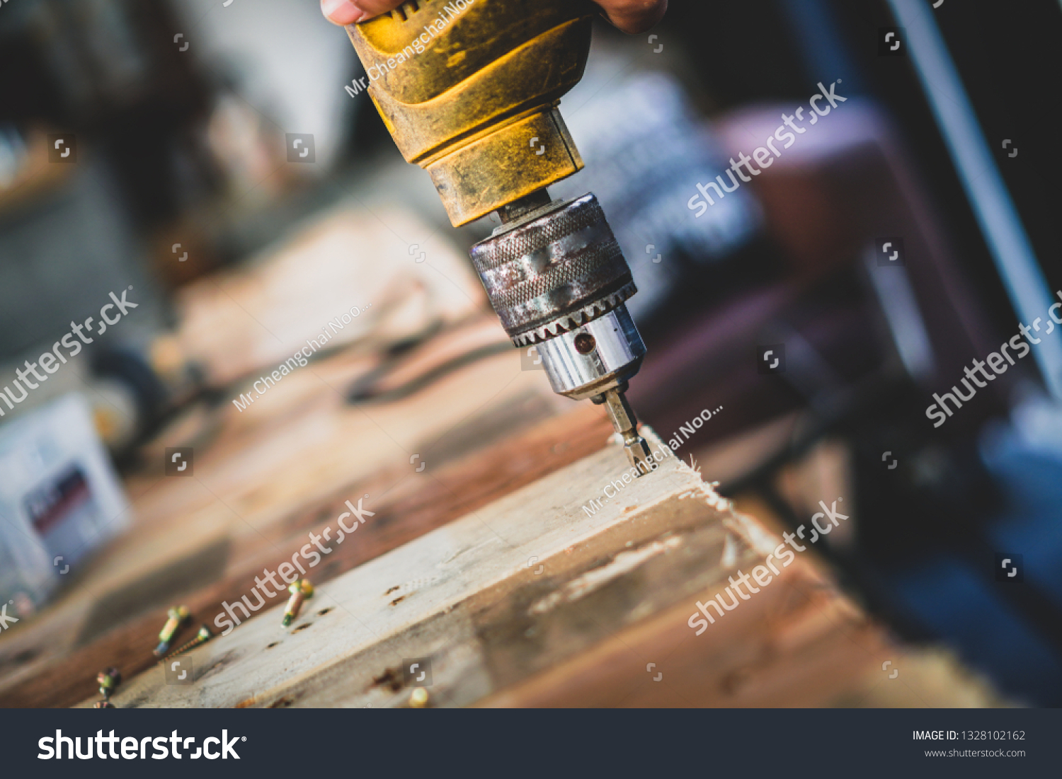 Mechanic Man Using Drill Drill Wood Stock Photo 1328102162 | Shutterstock