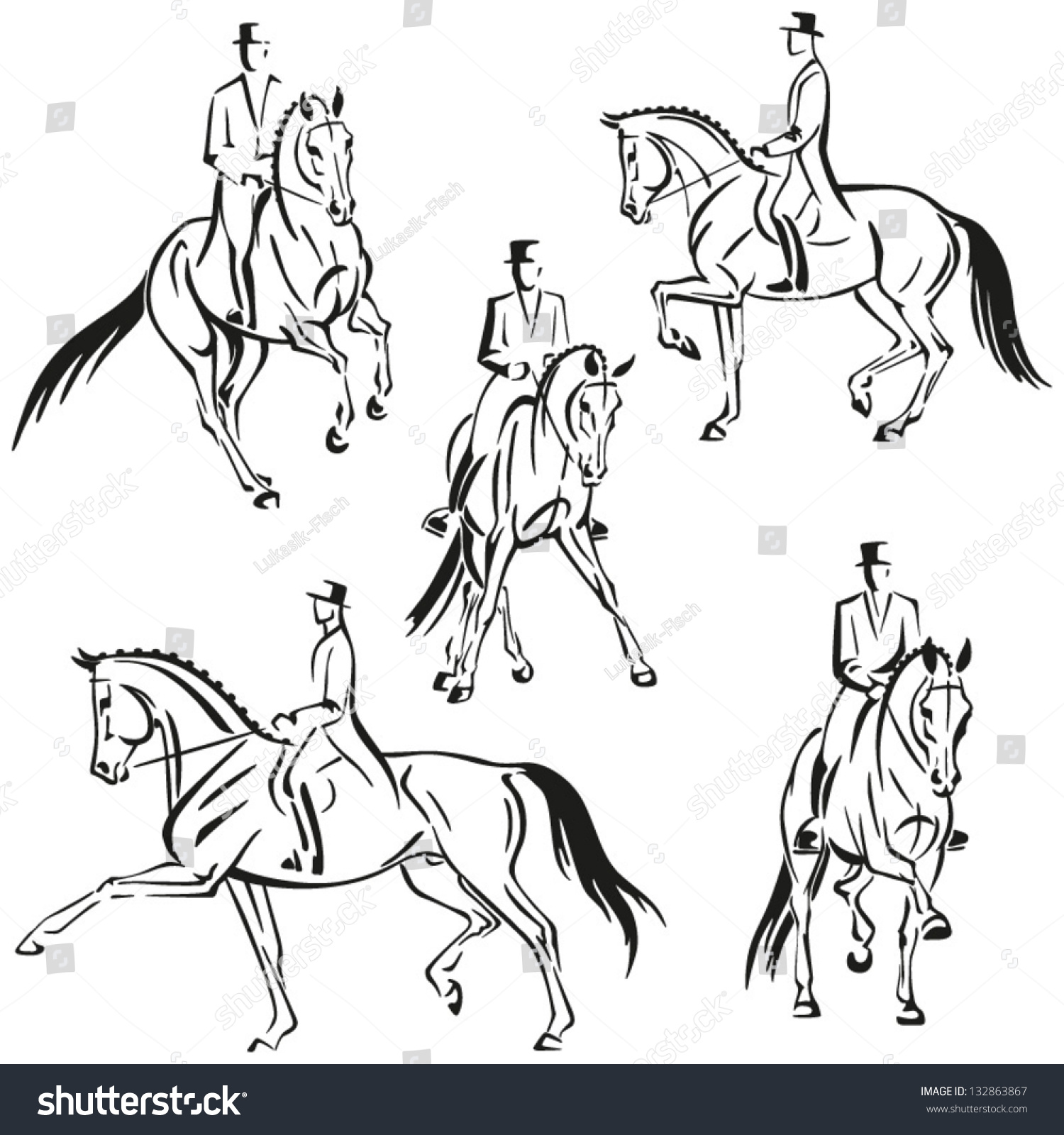 Наброски коней с всадниками в разных ракурсах