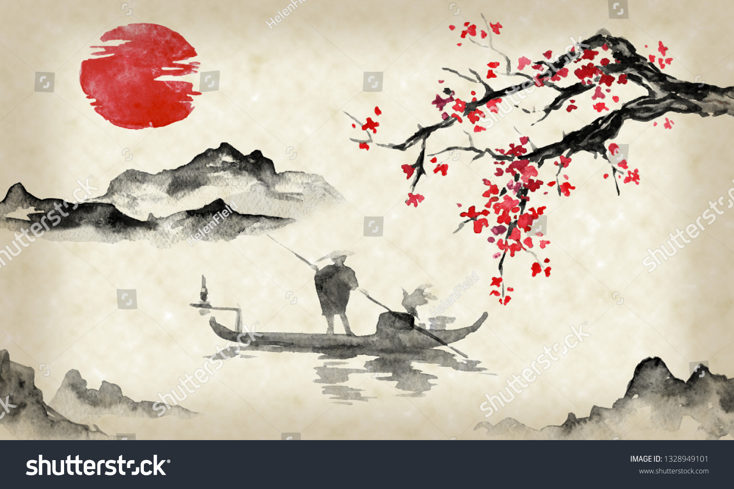 Japan Traditional Sumie Painting Indian Ink Stock Illustration ...