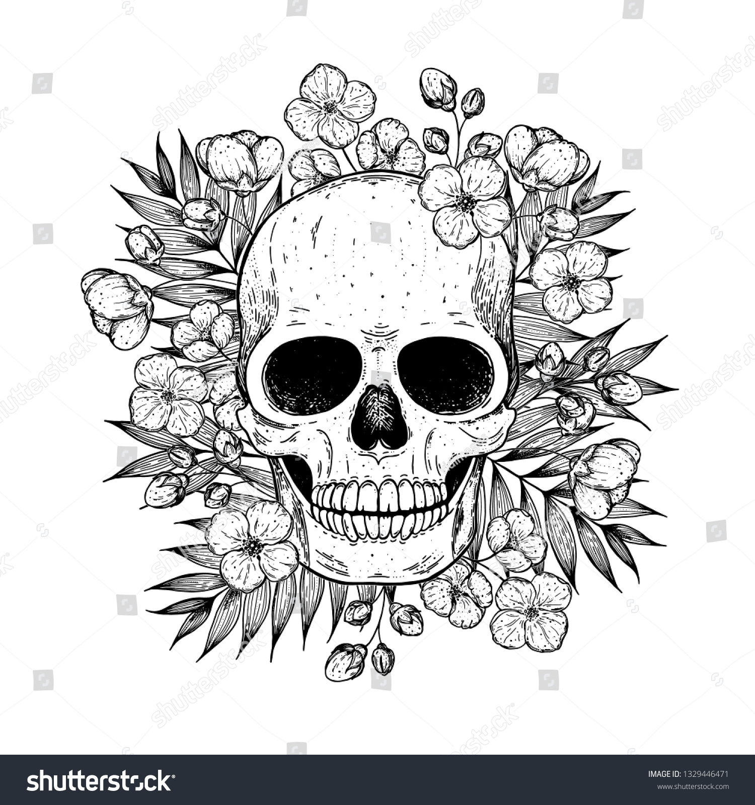 Skull Flowers Hand Drawn Illustration Tattoo Stock Vector (Royalty Free ...