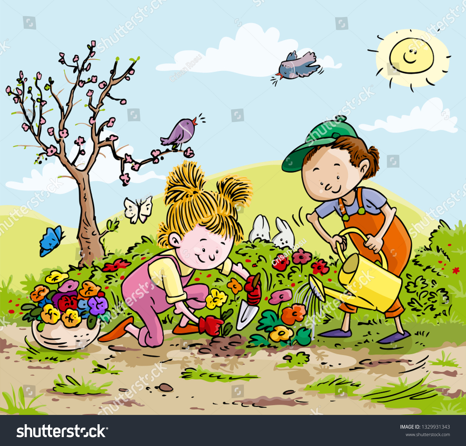Vector Illustration Kids Planting Flowers Cartoon Stock Vector (Royalty ...