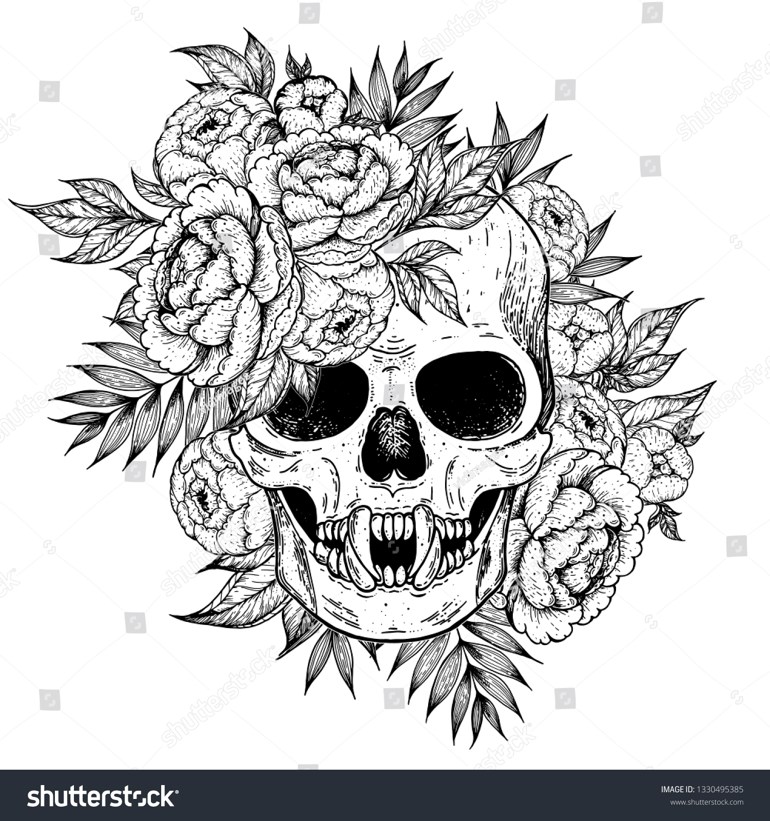 Skull Flowers Hand Drawn Illustration Tattoo Stock Vector (Royalty Free ...