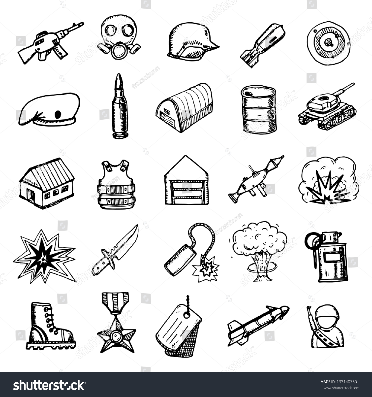 Hand Drawn Military Doodles Set Sketch Stock Vector (Royalty Free ...