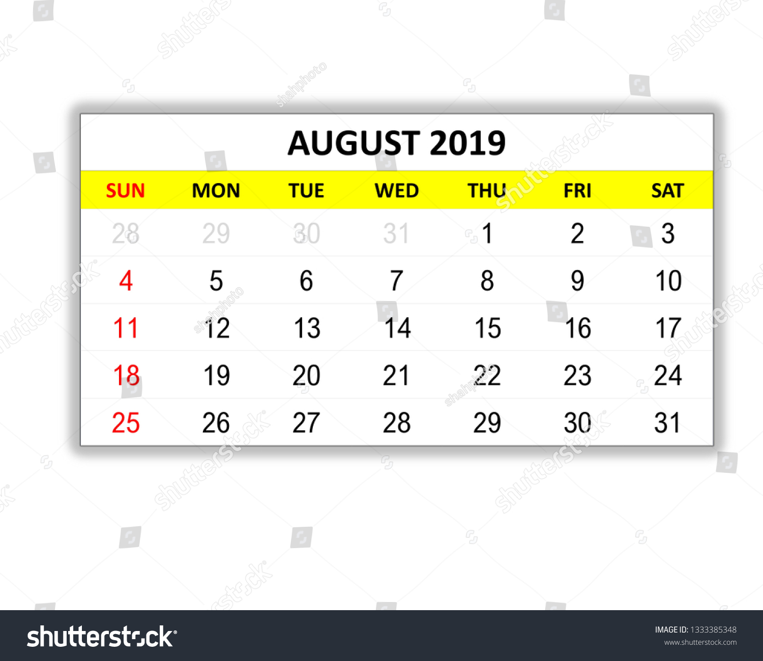 August 2019 Monthly Calendar 2019 Simple Stock Illustration 1333385348 ...