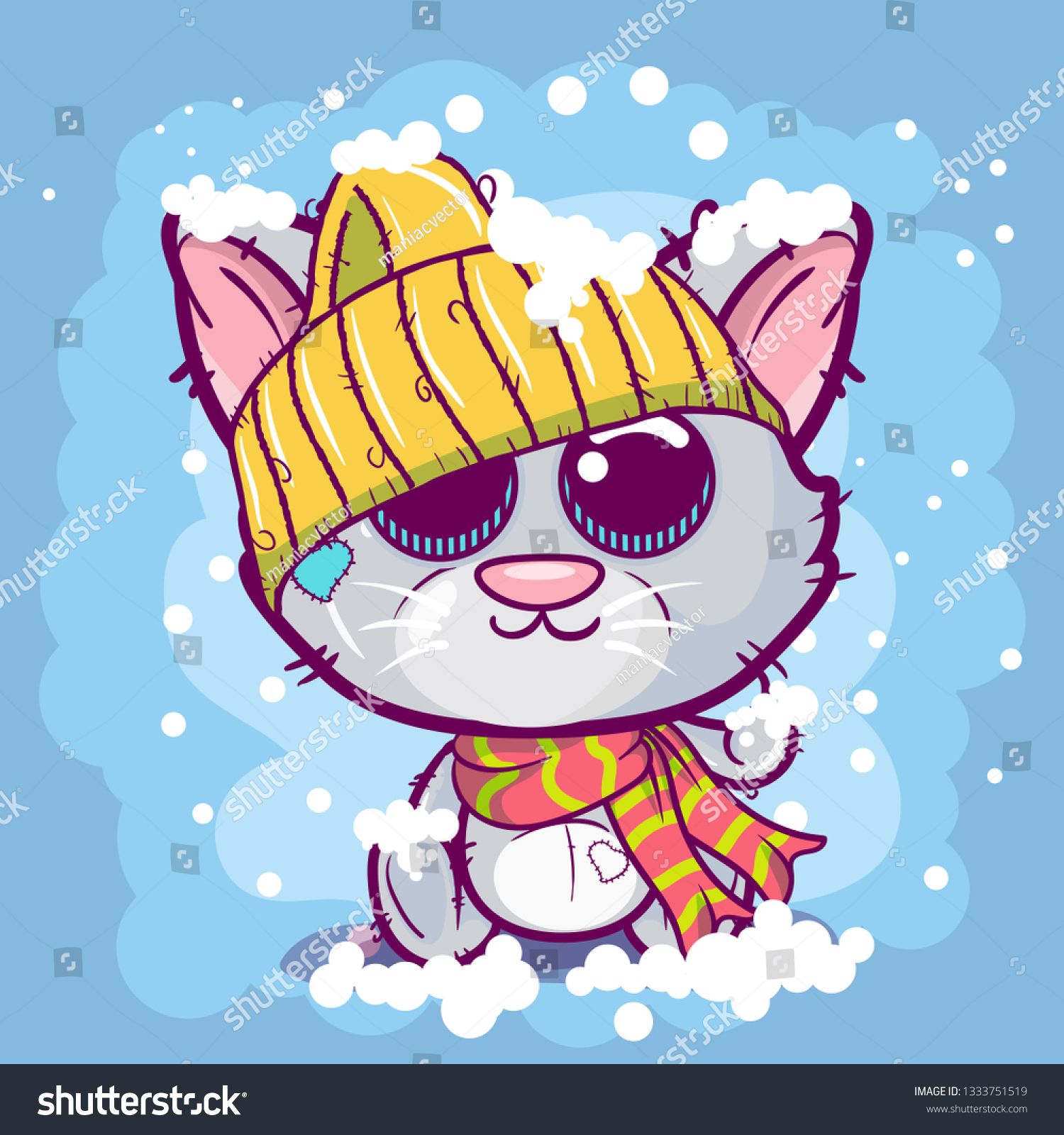 Cute Cartoon Kitten On Snow Background Stock Vector (Royalty Free ...