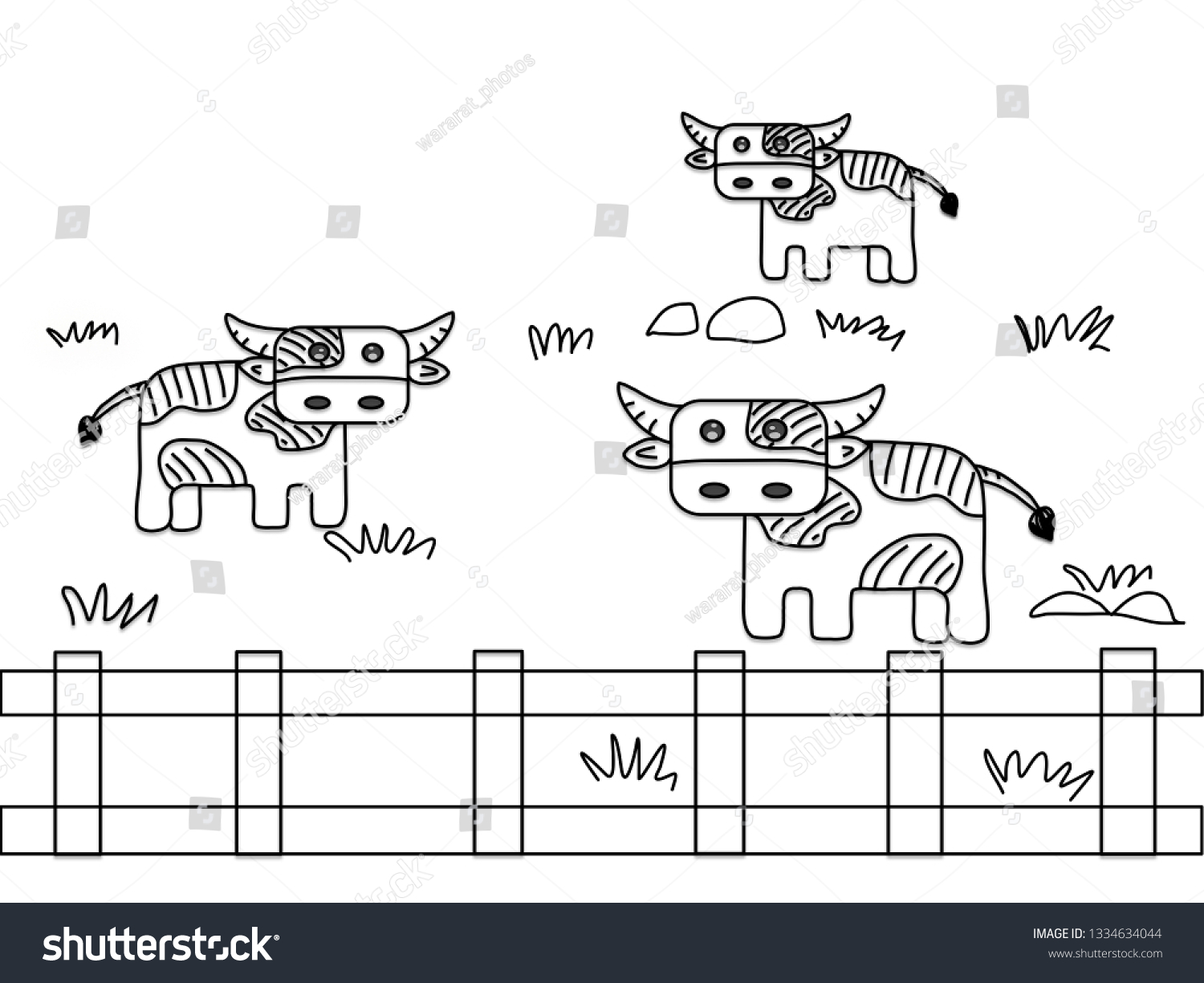 Coloring Page Cartoon Cow Standing On: ภาพประกอบสต็อก 1334634044