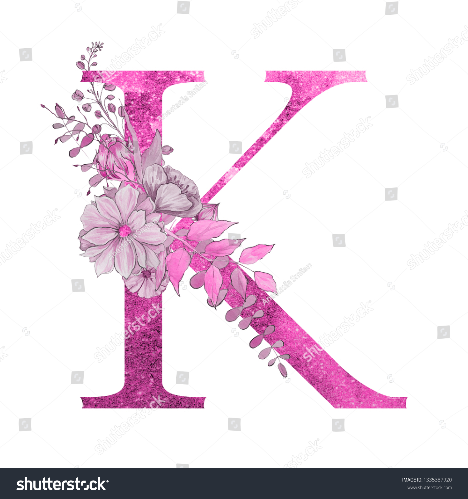 Pink Glitter Watercolor Letter Alphabet Flowers Stock Illustration ...