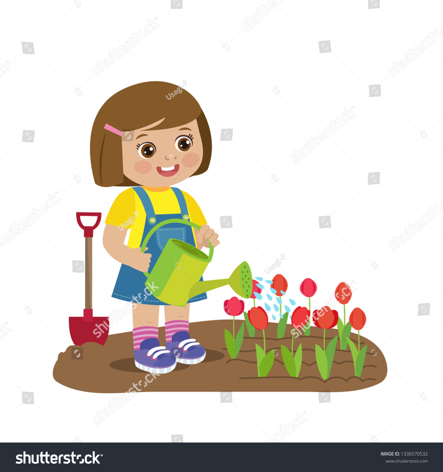 Cute Cartoon Girl Watering Can Working Stock Vector (Royalty Free ...