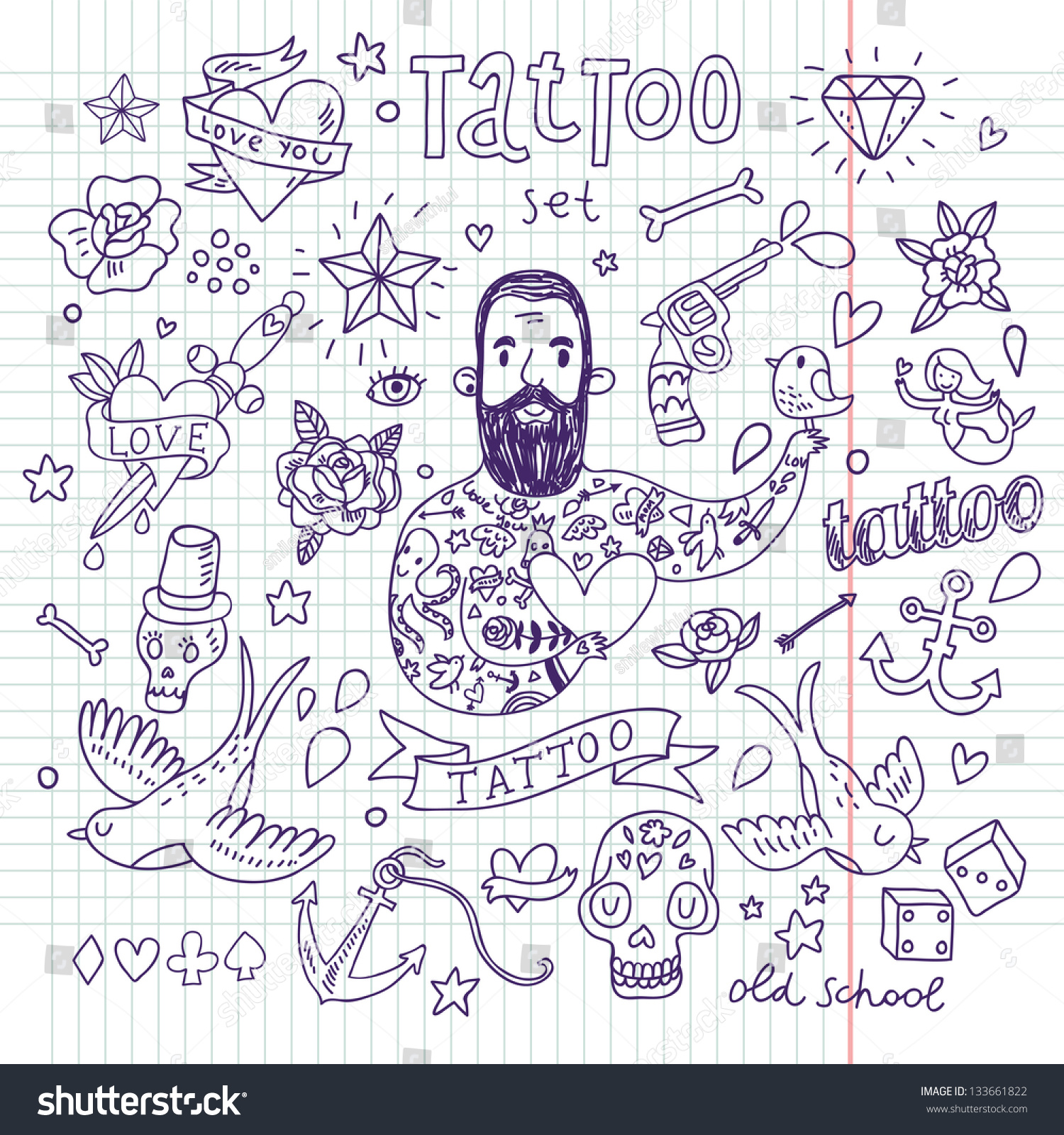 Tattoo Vector Set Cartoon Tattoo Elements Stock Vector (Royalty Free