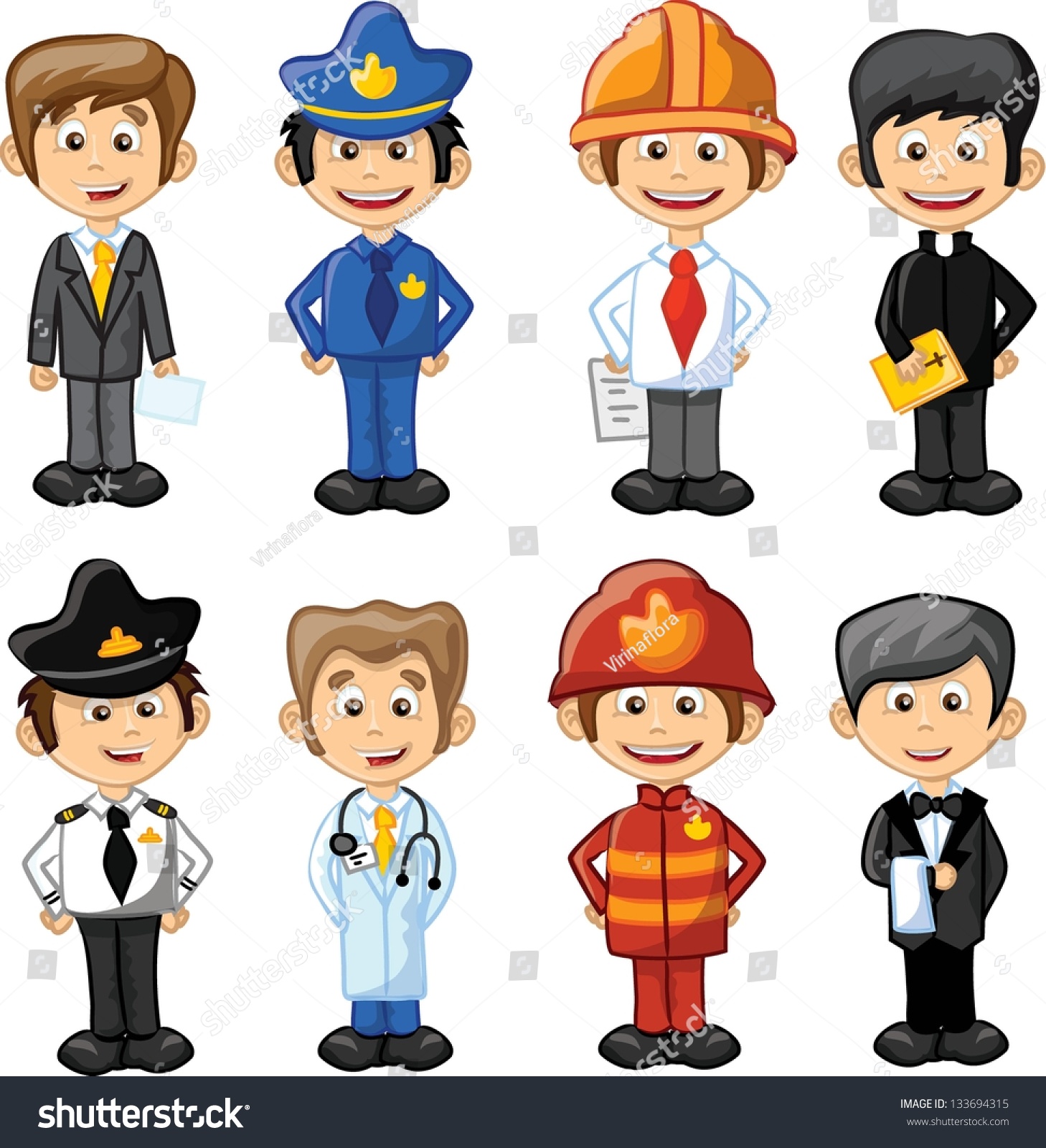 Cartoon Characters Manager Chefpoliceman Waiter Singer Stock Vector ...