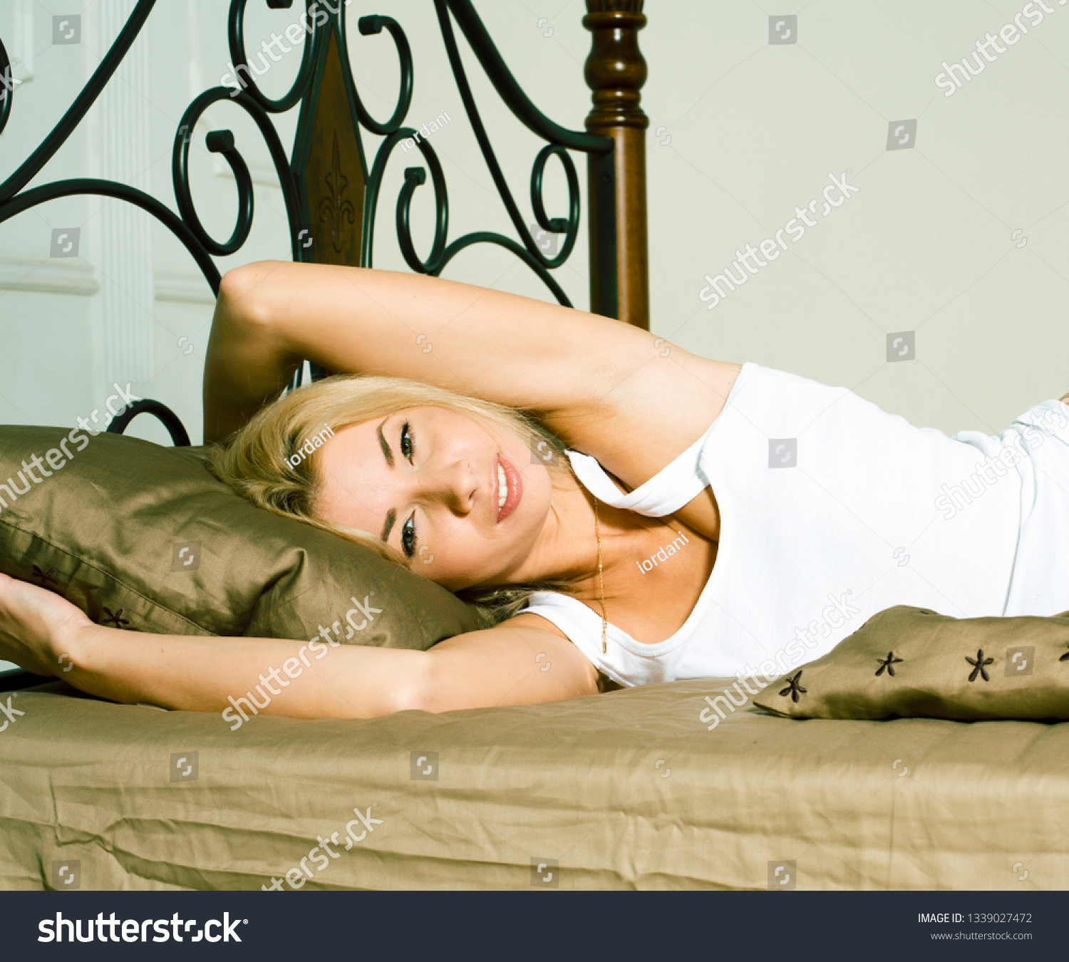 Pretty Blonde Woman Laying Bed Sensual Stock Photo