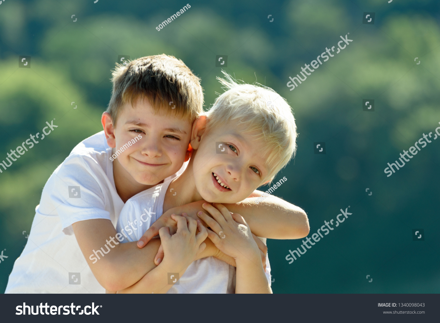 Two Little Boys Hugging Outdoors Concept Stock Photo 1340098043 