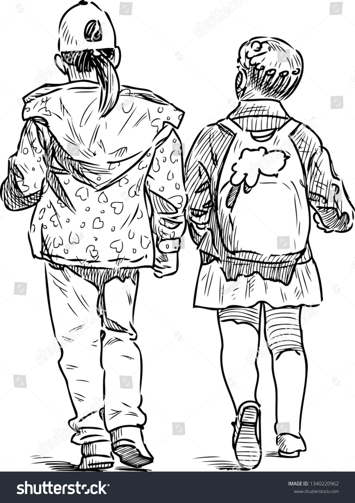 Sketch Two Little Girls Walking Down Stock Vector (Royalty Free ...