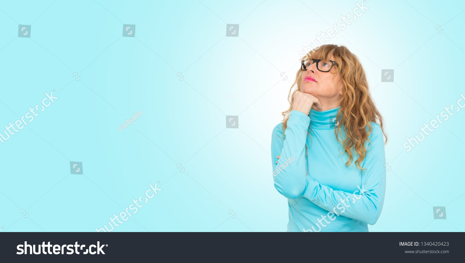 Woman Thinking Isolated About Background Stock Photo 1340420423