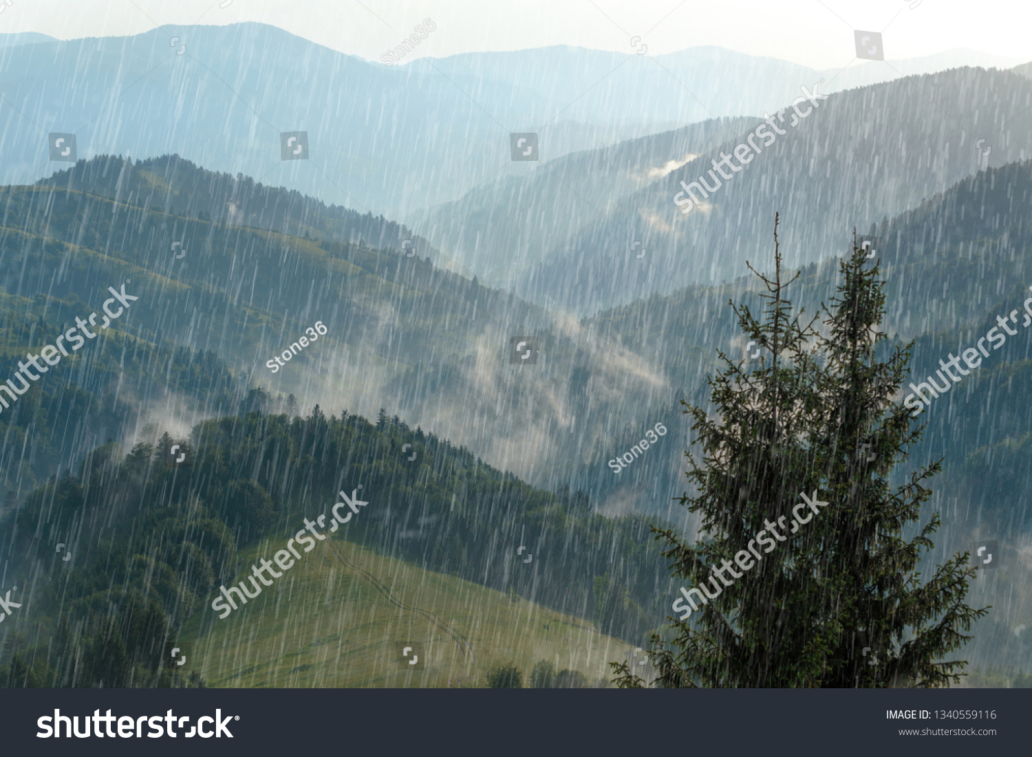 Rain Over Forest Mountains Misty Mountain Stock Photo 1340559116 ...