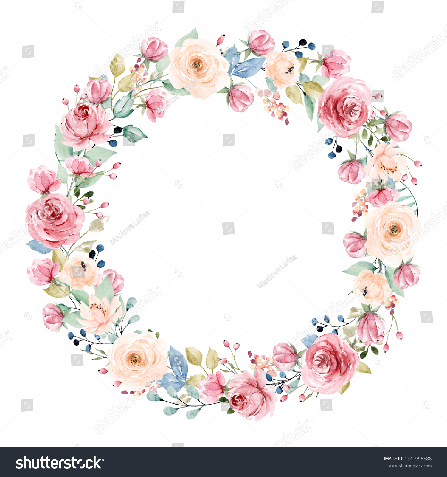 Wreath Watercolor Flowers Frame Peonies Roses Stock Illustration ...