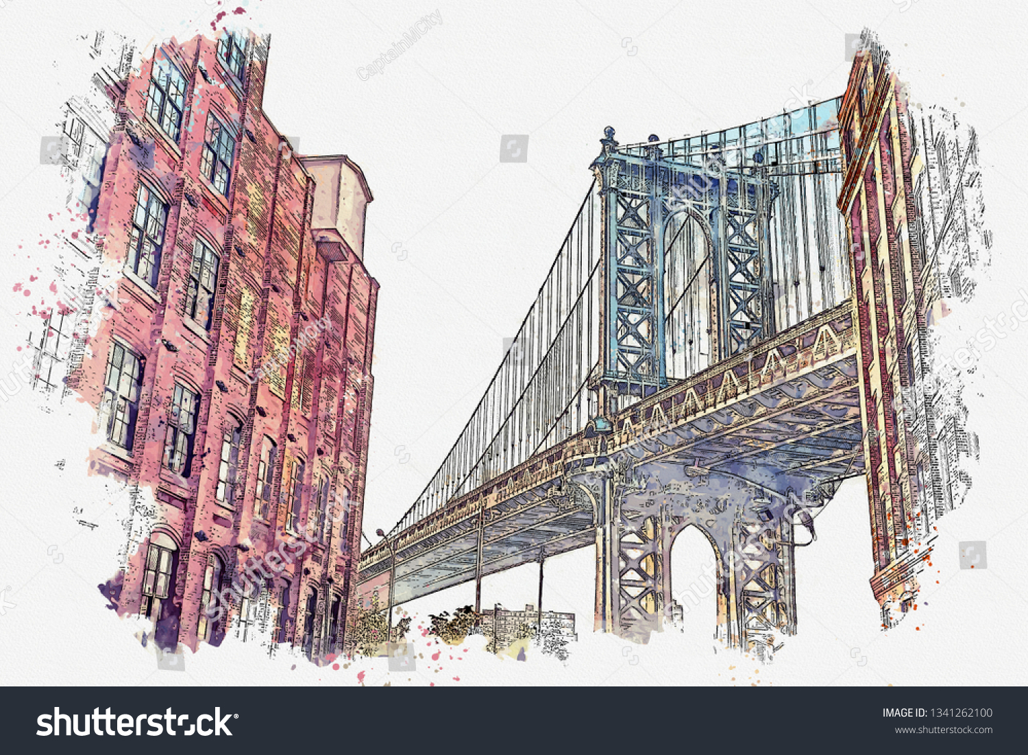 Бруклинский мост скетч акварель