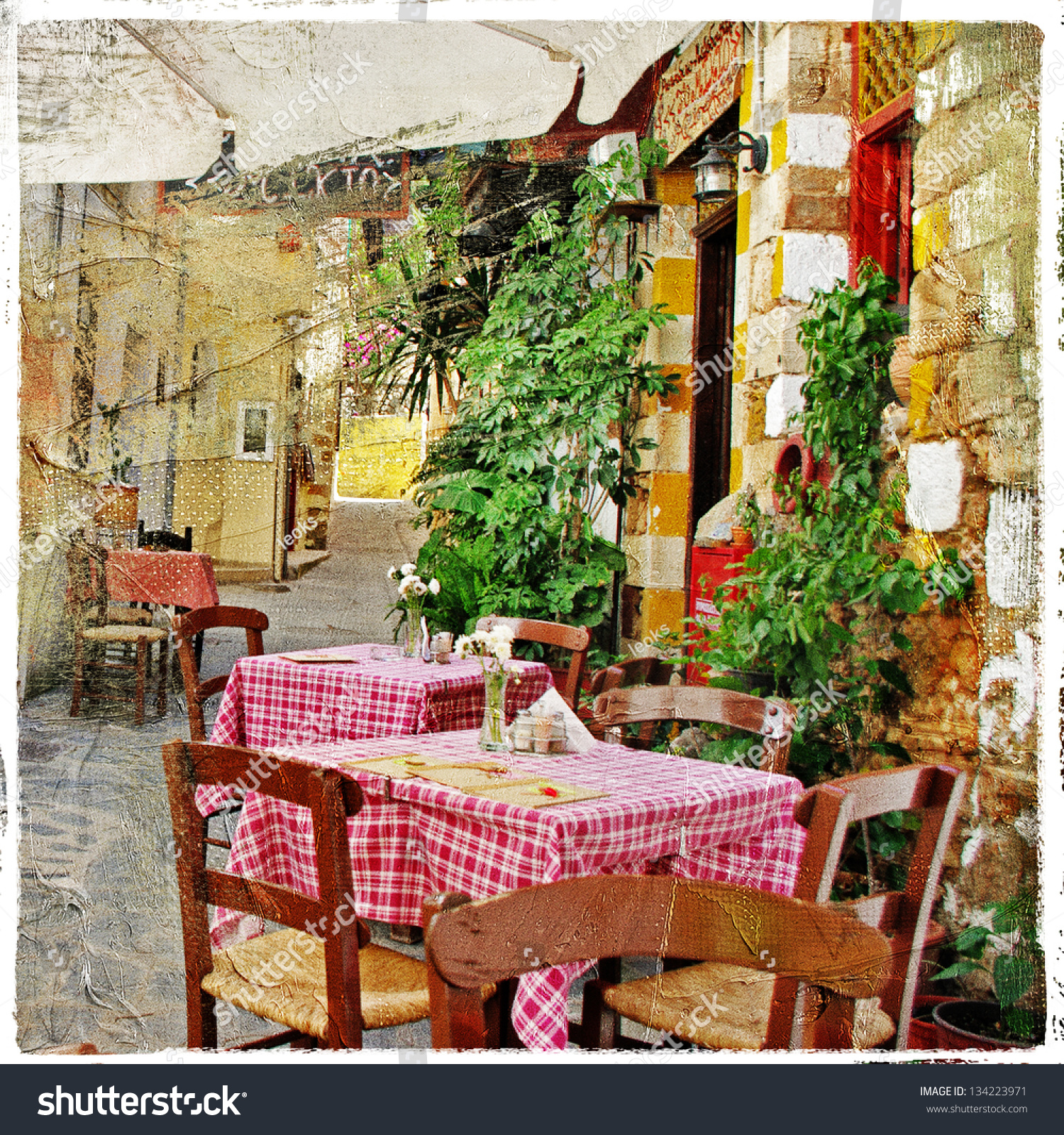 Charming Streets Greek Islands Traditional Tavernas Stock Photo