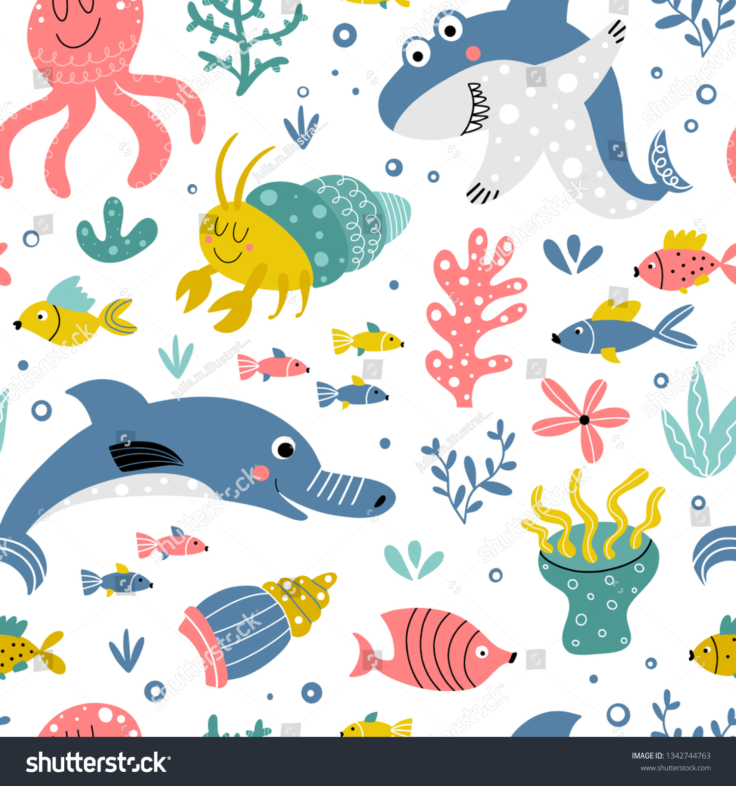 Cute Pattern Sea Animals Fishes On Stock Vector (Royalty Free ...